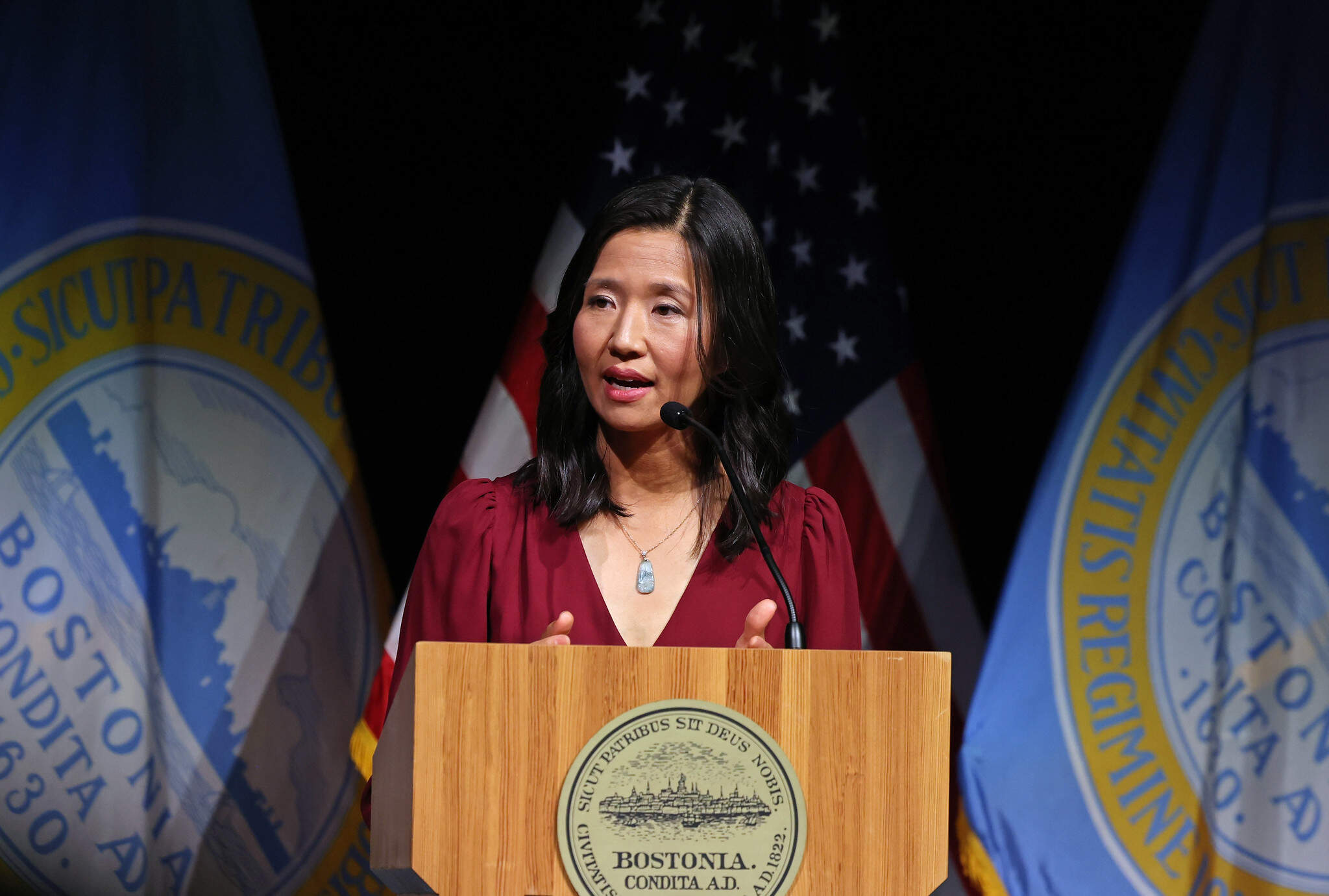 Mayor Michelle Wu attends and gives remarks for the State of the Schools event at Josiah Quincy Upper School in Chinatown. (Mayor’s Office Photo by John Wilcox)