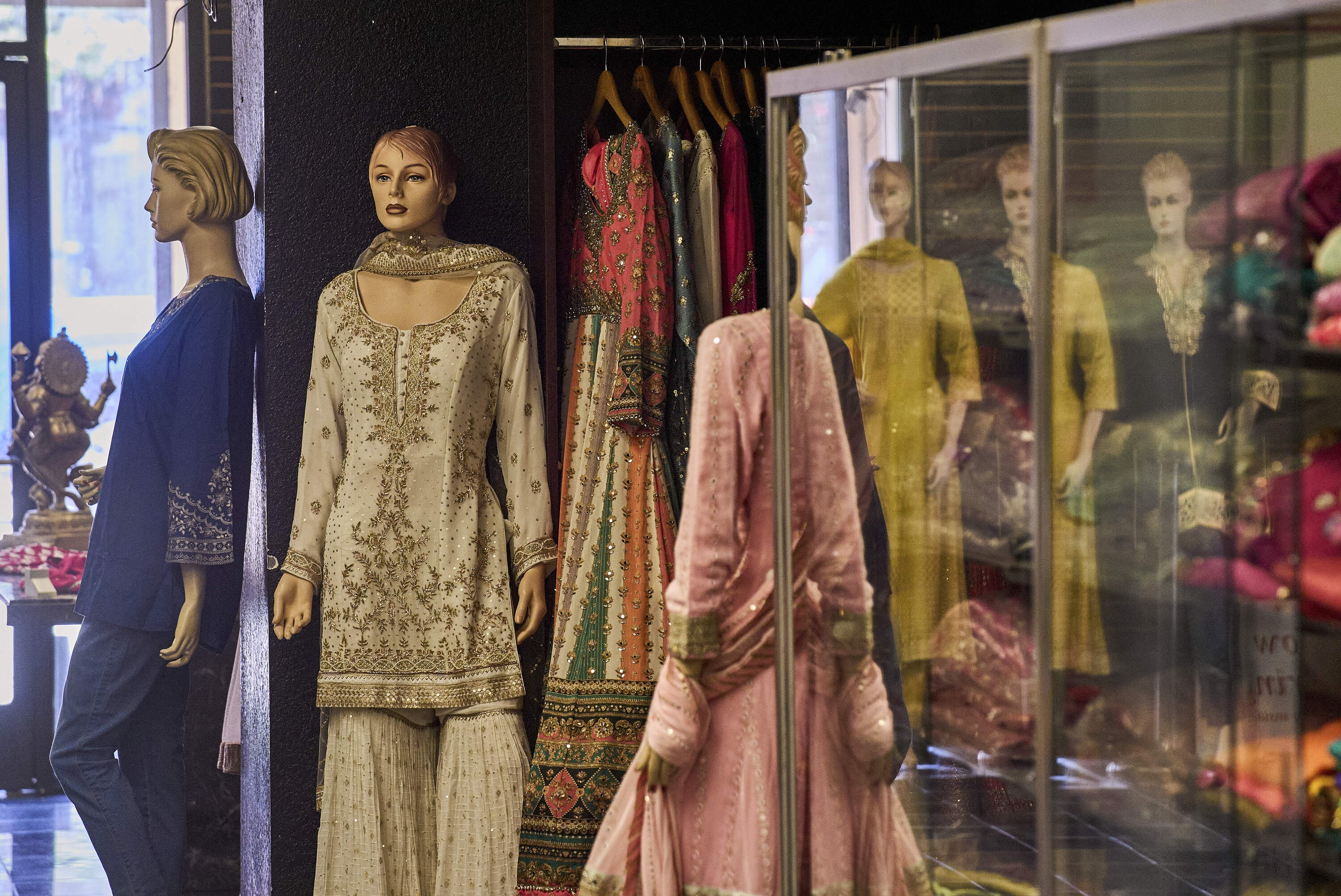 Imported Indian handmade hard embroidered clothing are displayed at Sona Chaandi, one of the first Indian boutiques in "Little India," in Artesia, Calif., Thursday, Aug. 7, 2025. (Damian Dovarganes/AP)