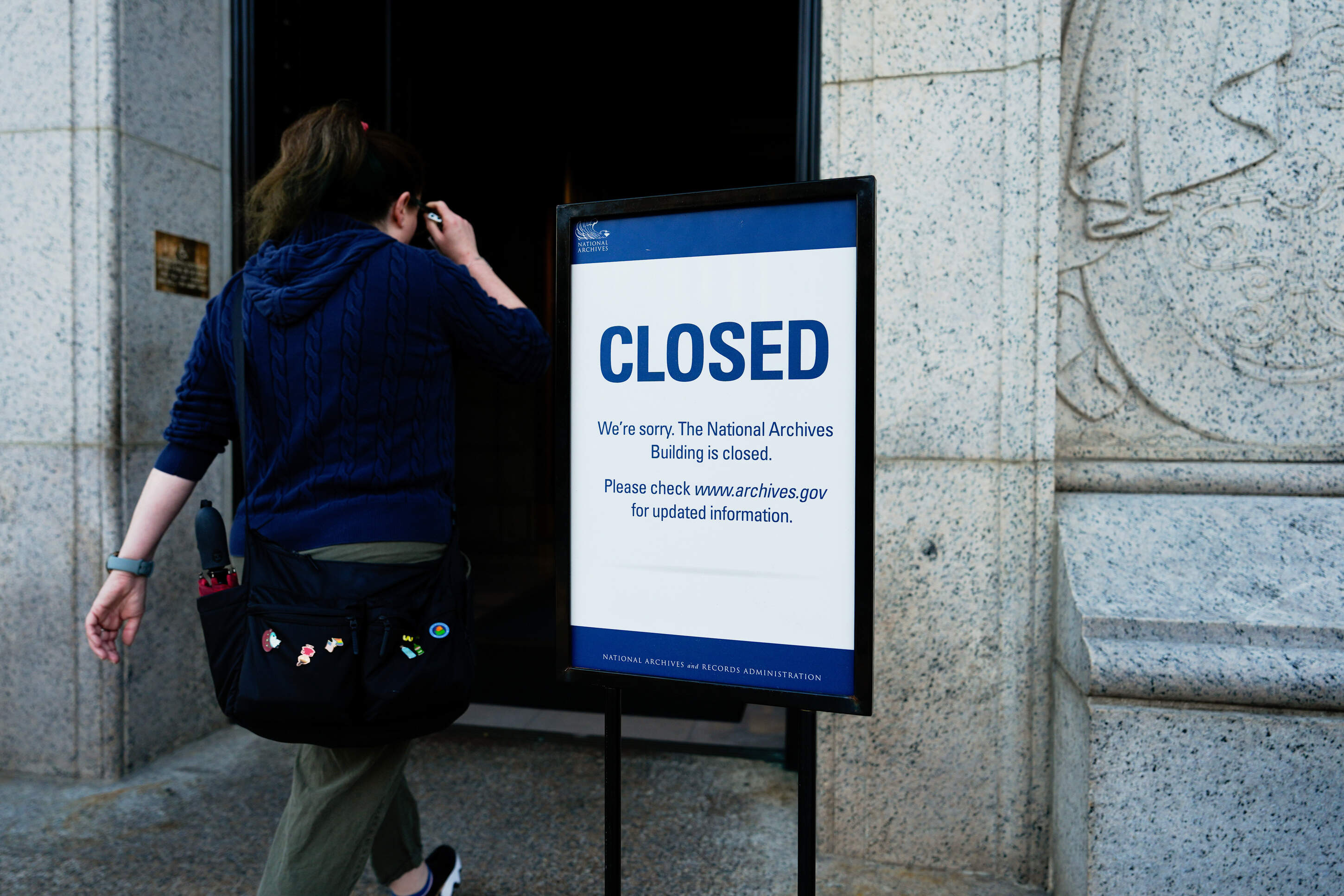 A closed sign stands in front of the National Archives on the first day of a government shutdown, Wednesday, Oct. 1, 2025, in Washington. (Julia Demaree Nikhinson/AP)