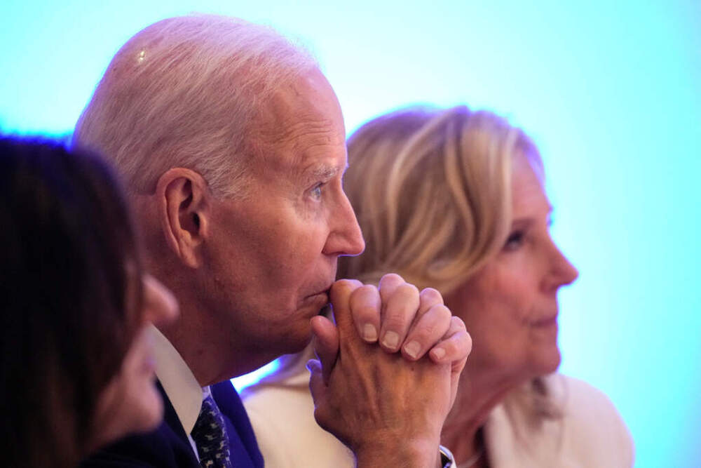 Former President Joe Biden listens to a speaker before receiving the Lifetime Achievement Award at the Edward M. Kennedy Institute in Boston.(Robert F. Bukaty/AP)