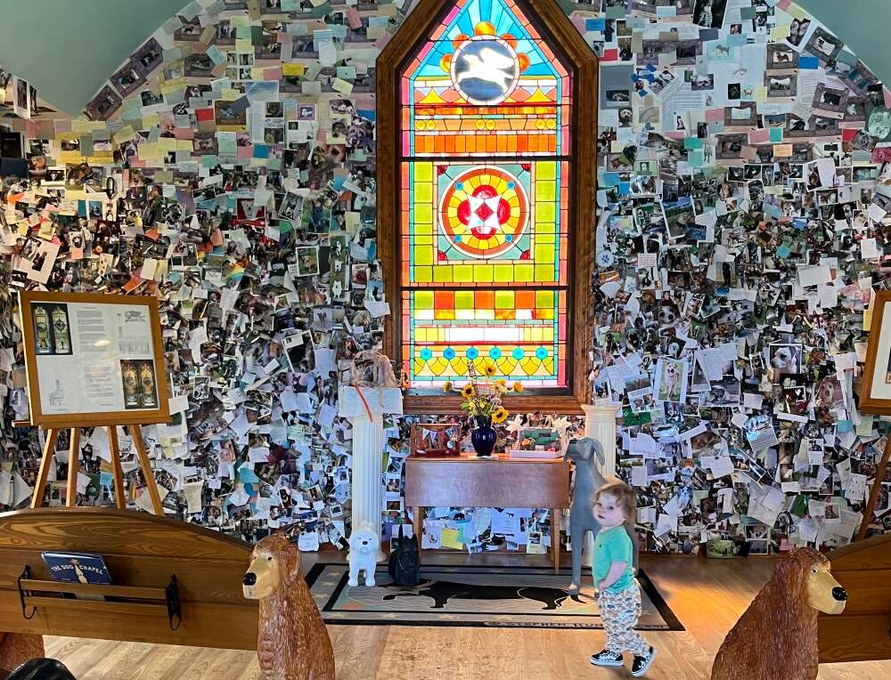 The author's son, Luca, inside Dog Chapel, at Dog Mountain (Vermont) in 2025. (Courtesy E.B. Bartels)