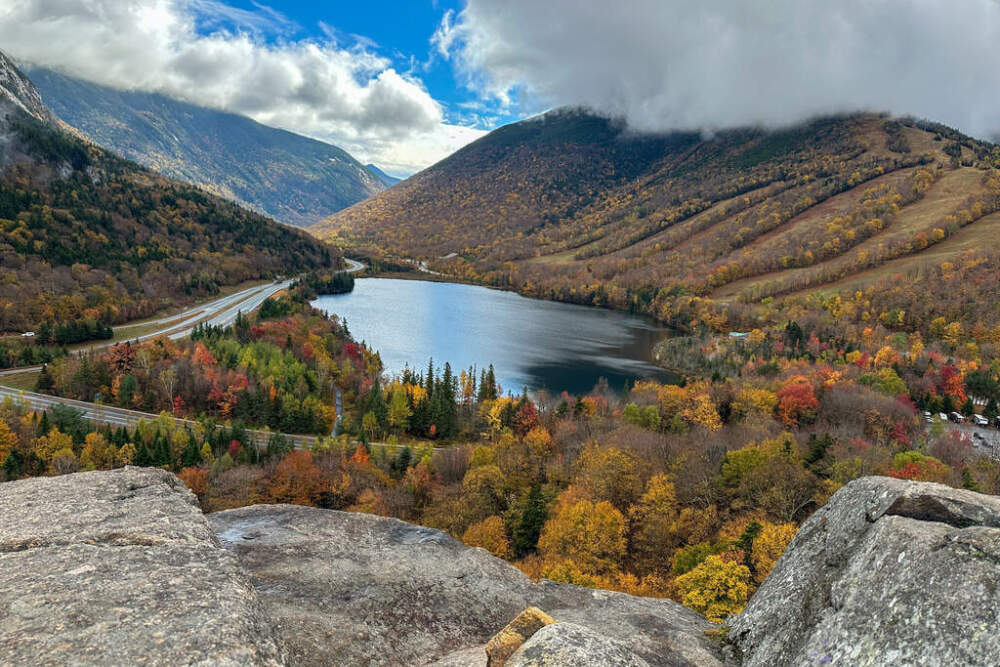 The view from Artists Bluff, a popular destination for fall foliage in Franconia Notch State Park in Franconia, N.H., Wednesday, Oct. 8, 2025. (Holly Ramer/AP)