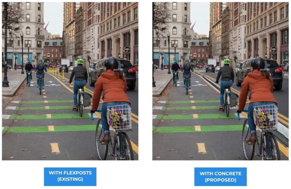 A rendering of the proposed concrete bike lane barriers on Boylston Street, versus the exiting flexposts. (City of Boston)