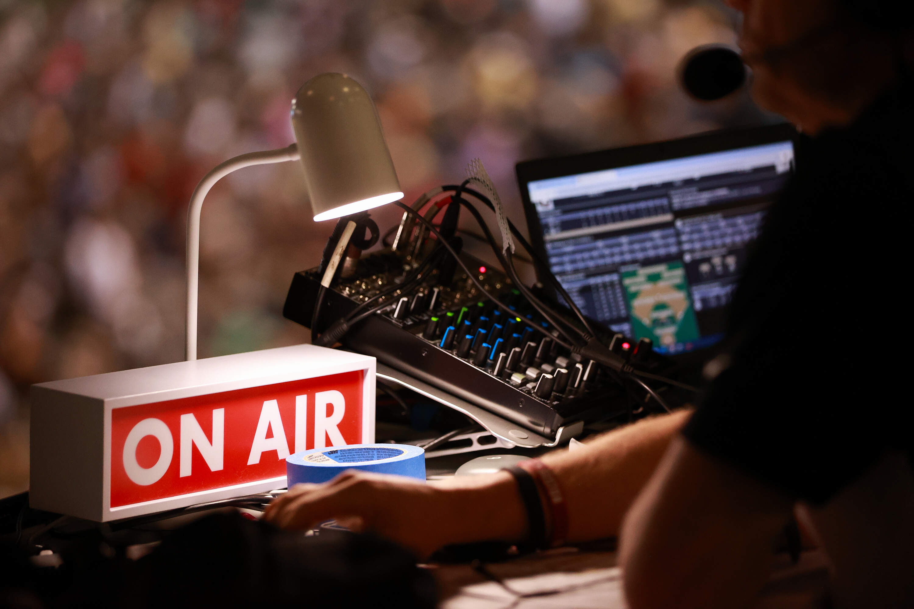 An "On Air" sign is shown as a radio announcer works at the table April 19, 2024 in Winston Salem, North Carolina. (Isaiah Vazquez/Getty Images)