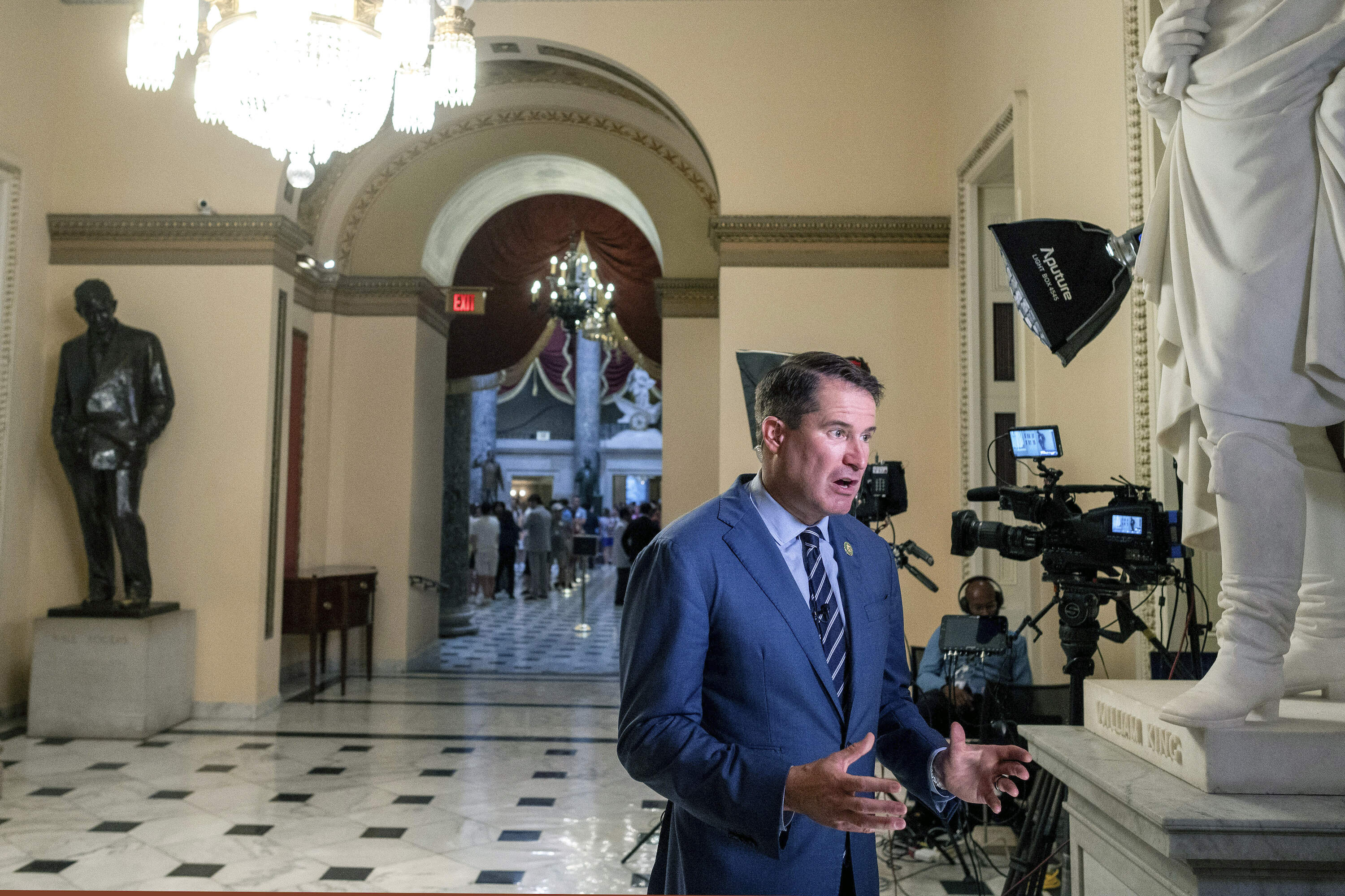 Rep. Seth Moulton speaks with reporters on Capitol Hill in 2024.