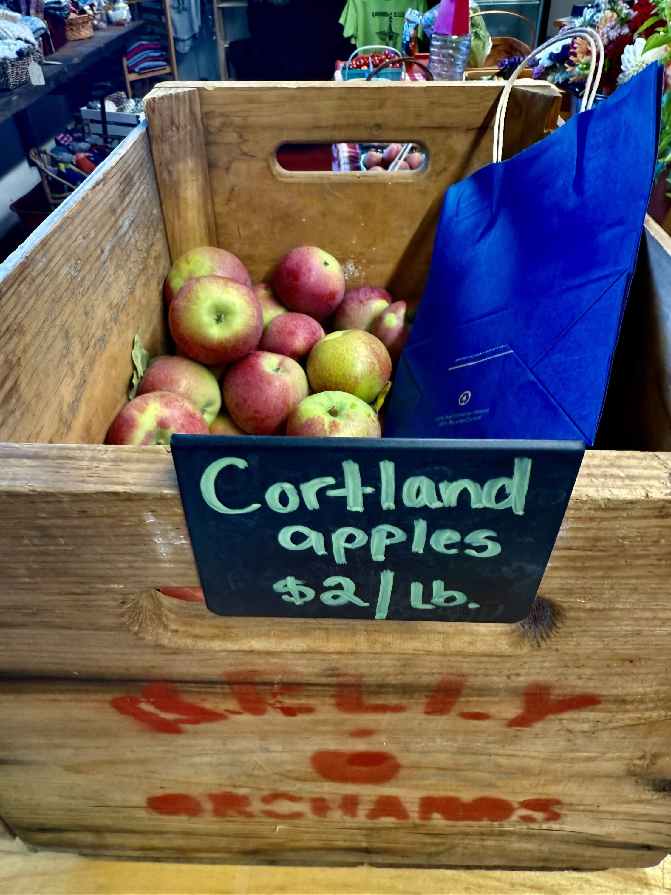 Cortland apples for sale. (Kathy Gunst/Here &amp; Now)
