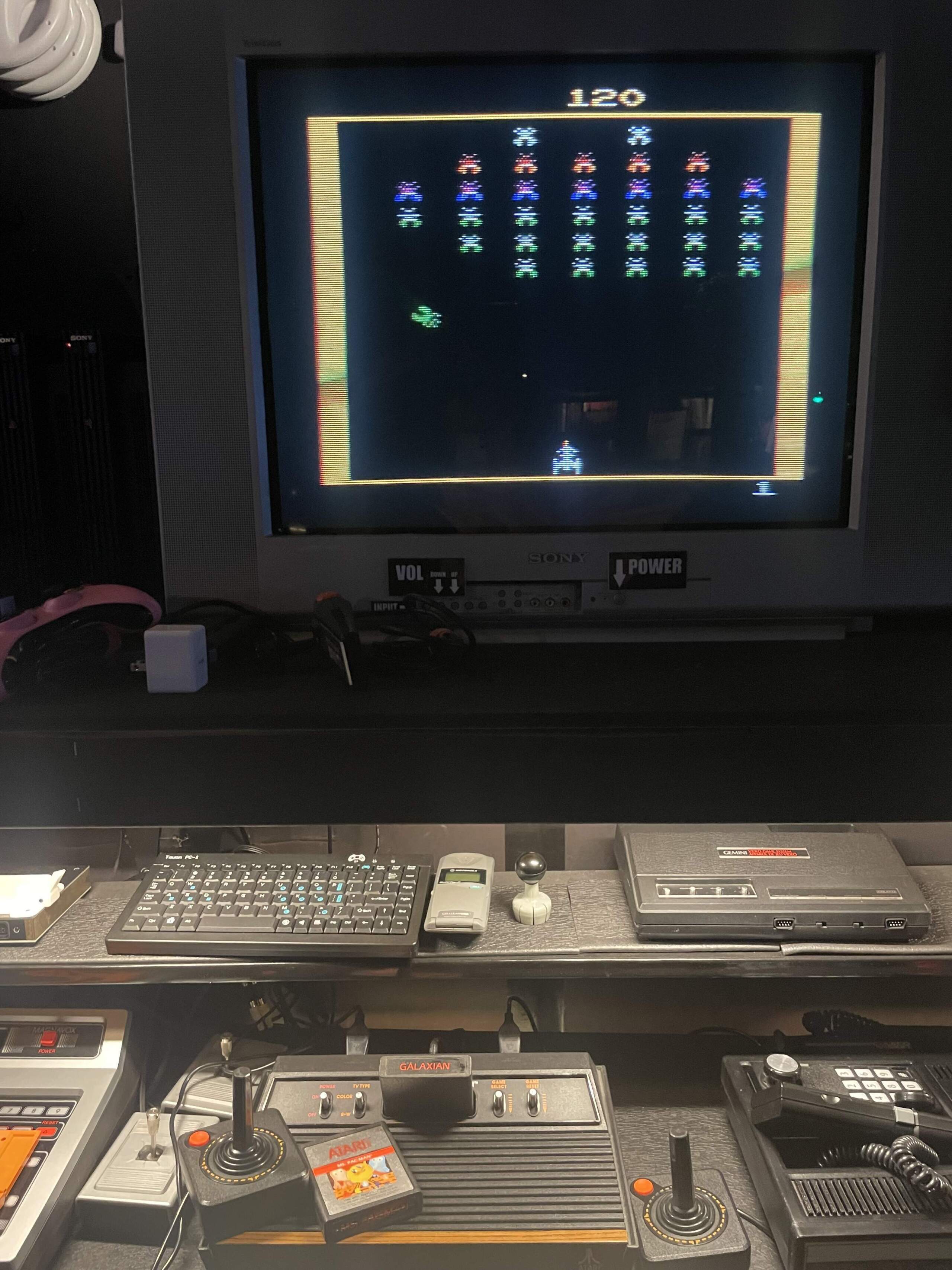 A game of Galaxian played on the Atari 2600 at Prodigy, a game room in Easthampton, Massachusetts.