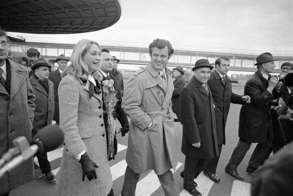 Then-Sen. Edward Kennedy, D-Mass, center, with his wife, Joan Kennedy, and Russia's Chief of International Relations Vasily Vysotin, third from left, at the airport, Thursday, April 18, 1974, Moscow, Russia. (AP Photo, File)