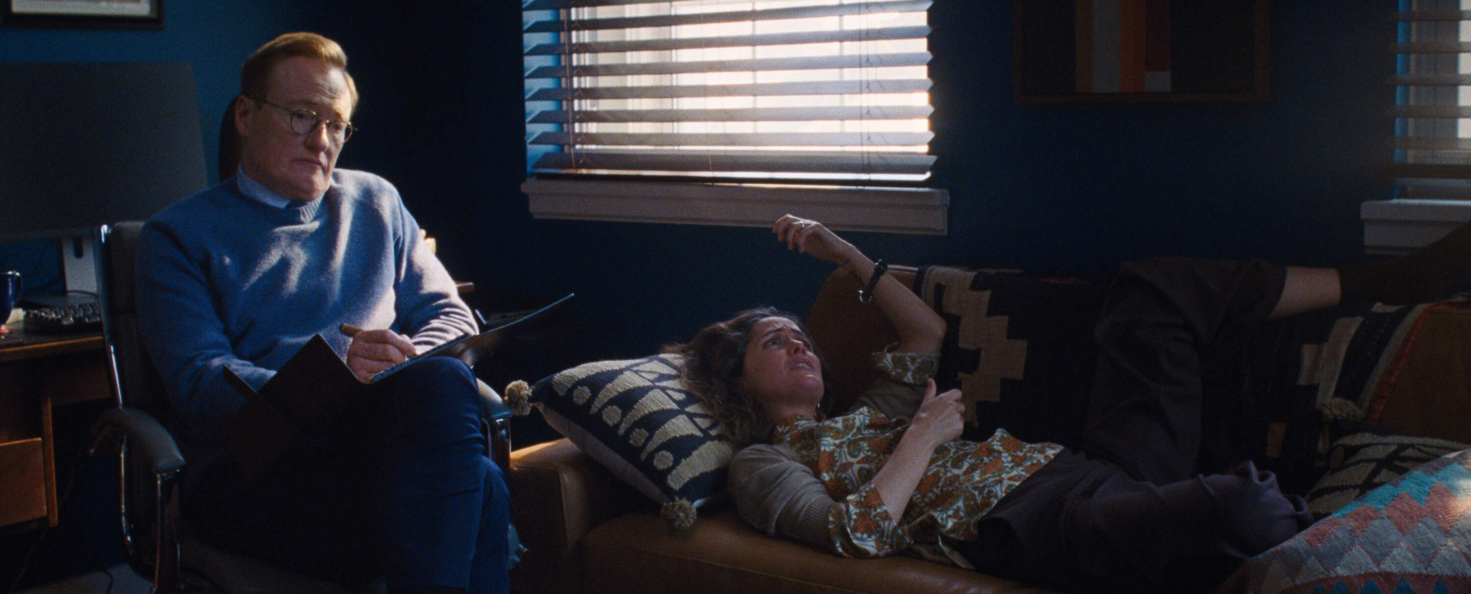 Conan O'Brien and Rose Byrne in “If I Had Legs I’d Kick You.” (Courtesy Logan White/A24)