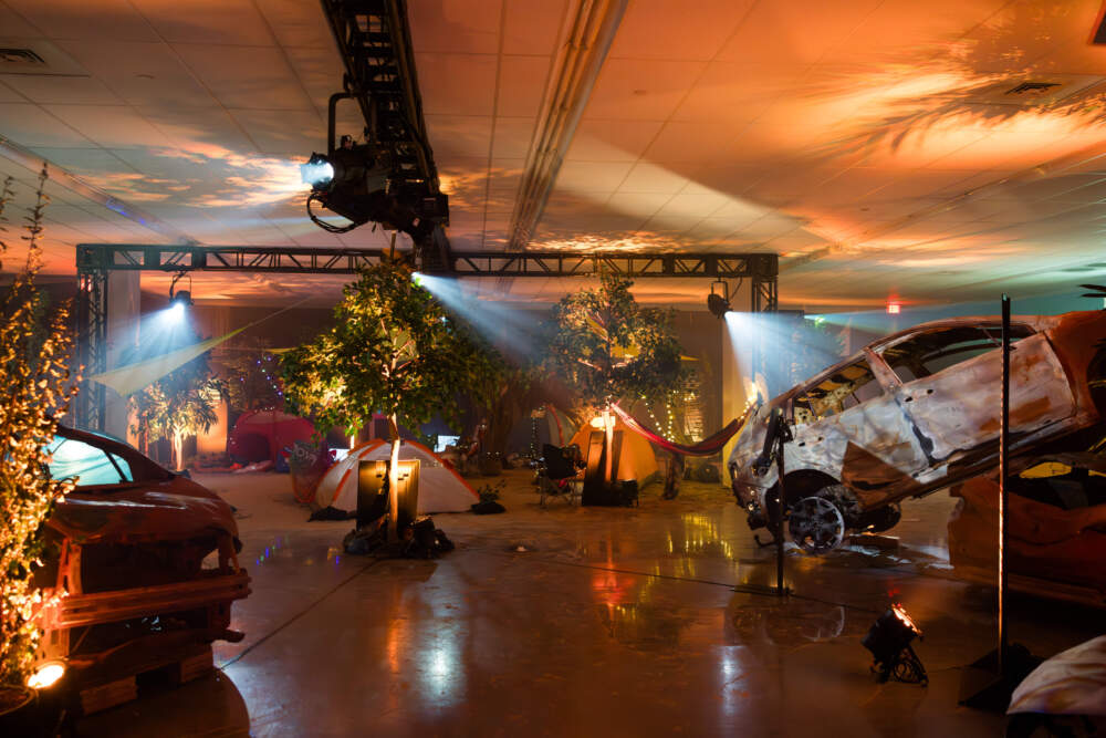 A room at the Nova Music Festival Exhibition in Boston features tents, burned cars and personal items such as clothing belonging to people who attended the festival attacked by Hamas terrorists on Oct. 7, 2023. (Courtesy of Nova Music Festival Exhibition)