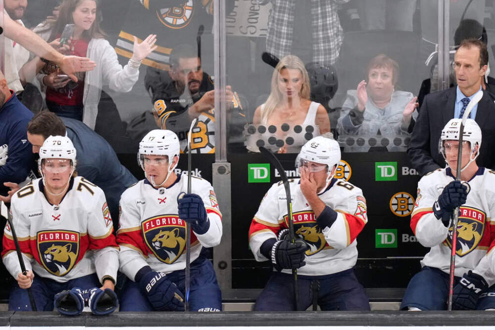 Florida Panthers left wing Brad Marchand (63) reacts during a break in the first period of an NHL hockey game in Boston. (Charles Krupa/AP)