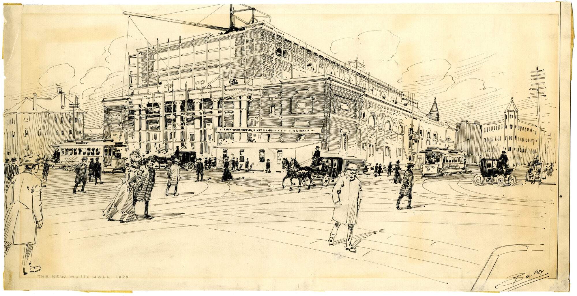Sytach of symphony Hall Under Construction in 1899. Excetation of the work of 1899 (Courtesy Boston Symphony Orcstra Archives. Sketch BY Verne HOWE BAILEY, GIFTABO Miller.)