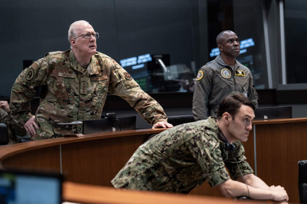 Tracy Letts (left) and Gbenga Akinnagbe (background) in "A House of Dynamite." (Courtesy Eros Hoagland/Netflix)