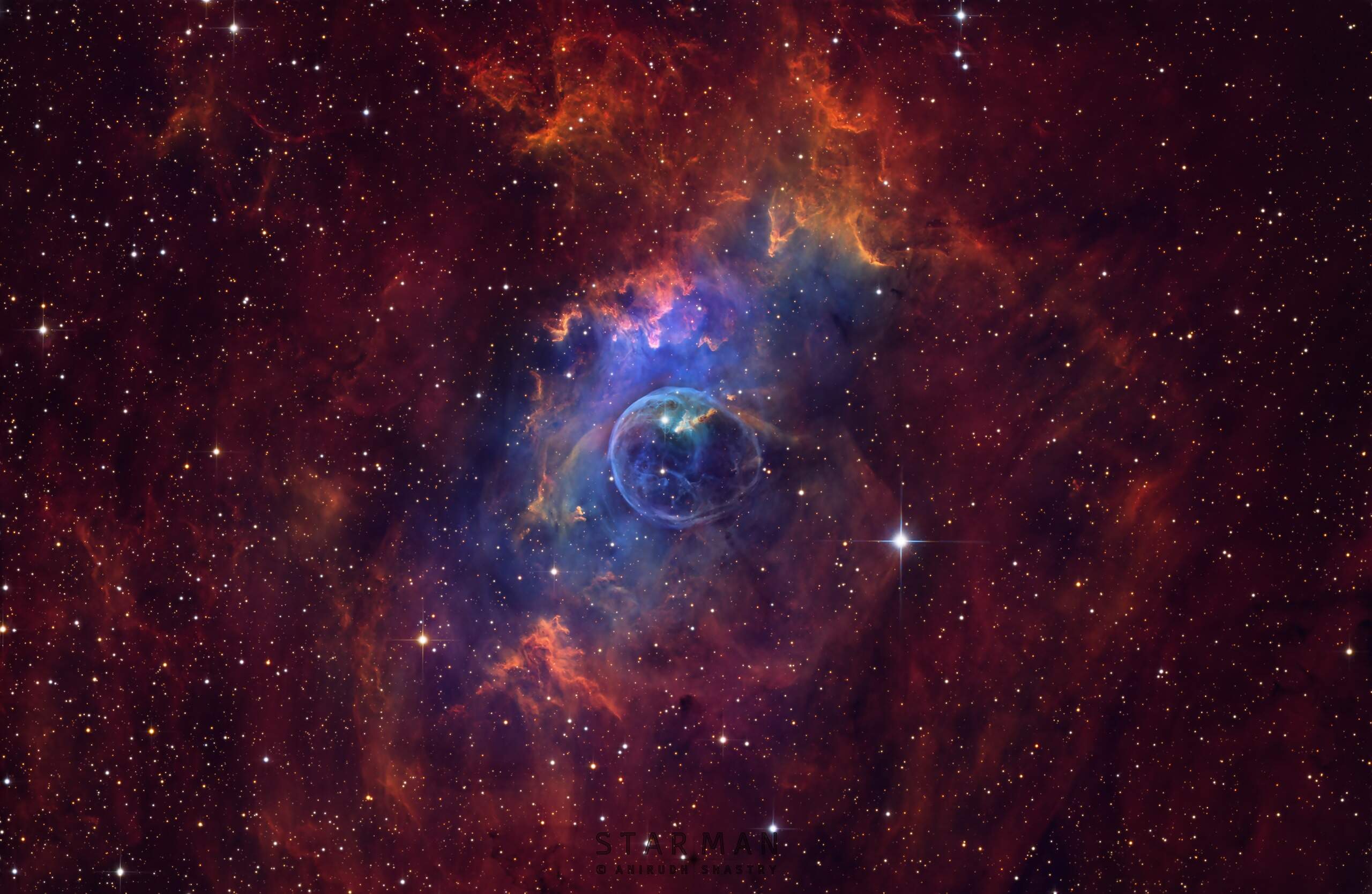 An image of the “bubble nebula”, sculpted by the stellar winds given off by a super massive, extremely hot star, whose lifetime is also much shorter compared to our sun. (Courtesy of Ani Shastry)