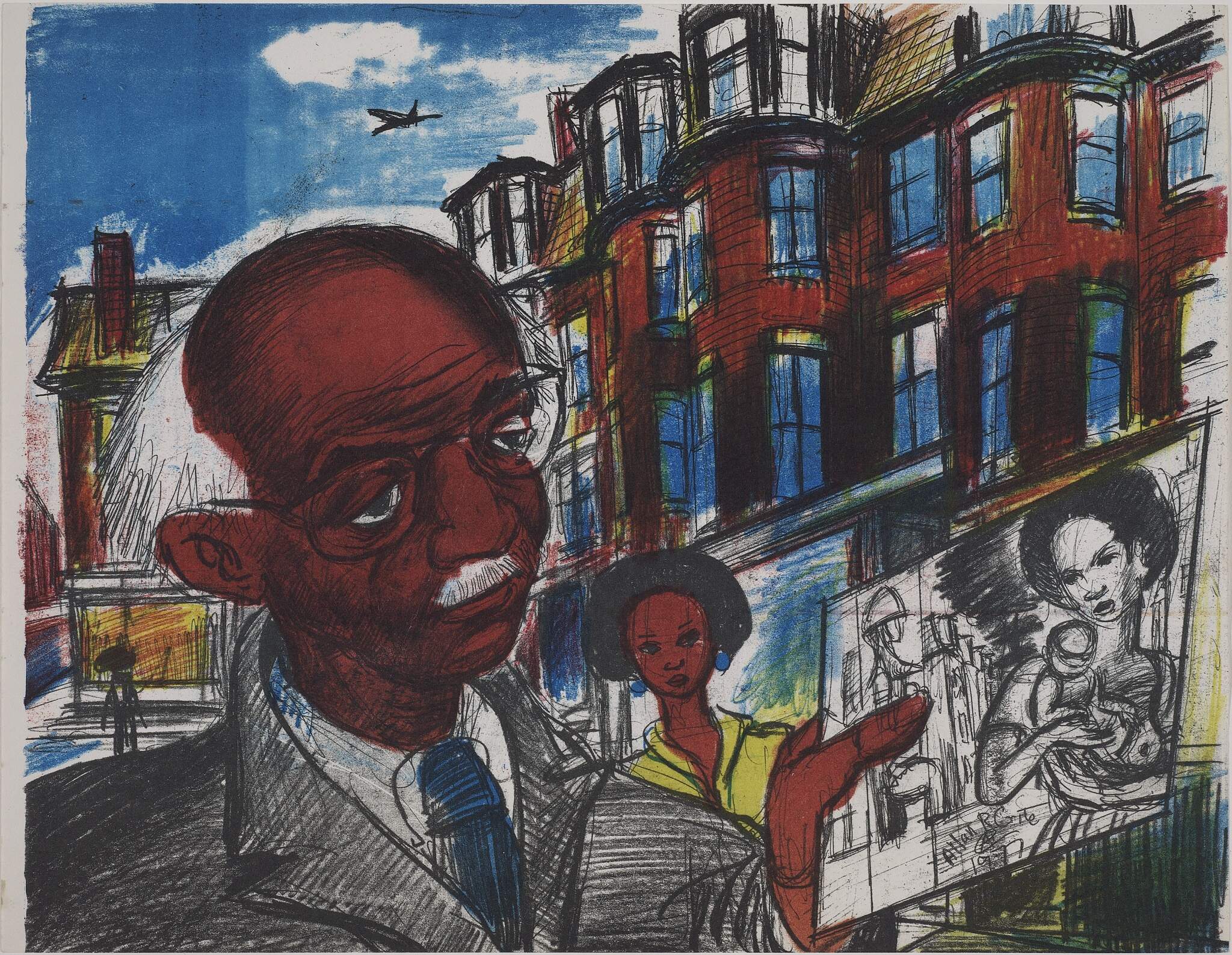 Crite's lithograph "410 Columbus Ave" from "An Artist's Sketchbook of the South End: A Walking Tour about Black People," dated 1977. Offset color lithograph. (Courtesy Museum of Fine Arts, Boston and the Allan Rohan Crite Research Institute and Library)