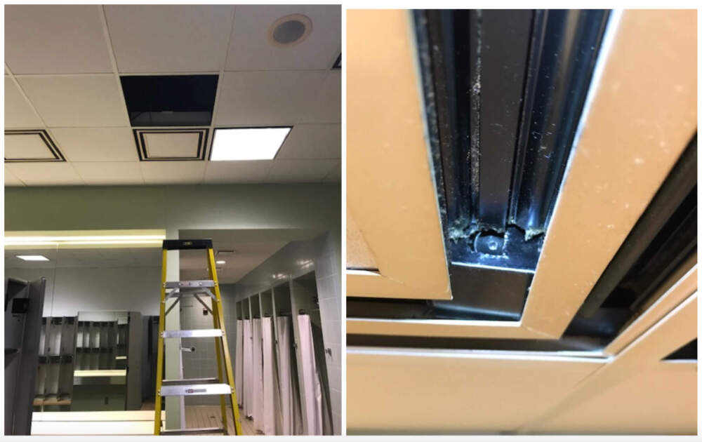 In the left image, a ladder stands below the ceiling where the hidden camera was found. In the right image, the hidden camera is seen in a ceiling vent. It pointed towards the changing area below. This image was included in internal documents compiled by John Hancock investigators and provided to WBUR by the plaintiffs in a lawsuit brought against the company.
