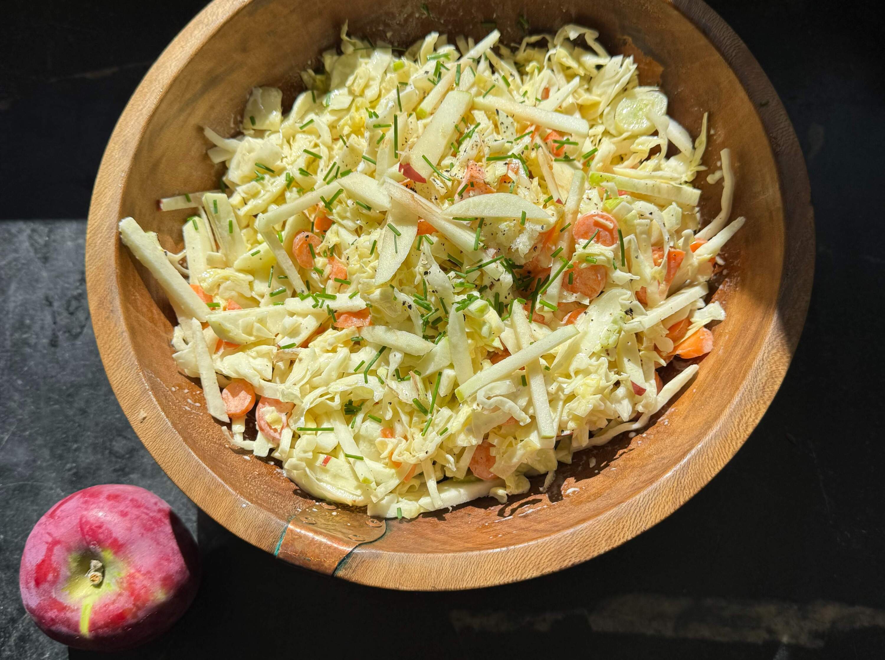 Apple, cabbage, fennel slaw with apple cider dressing. (Kathy Gunst/Here &amp; Now)