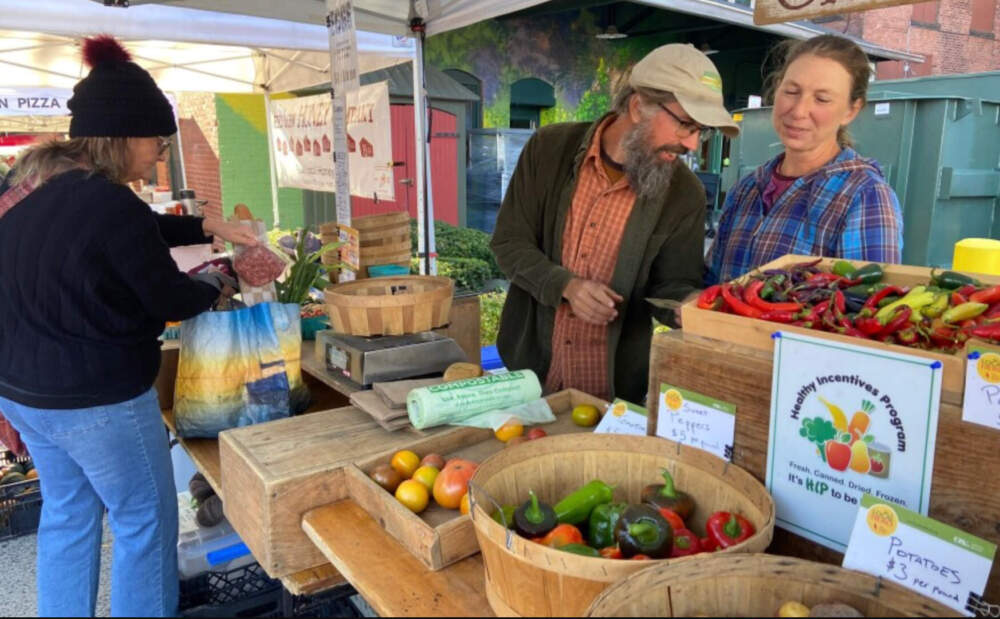 Tevis and Rachel Robertson-Goldberg of Crabapple Farm say they could lose a quarter of their business while SNAP benefits are frozen. (Karen Brown/NEPM)