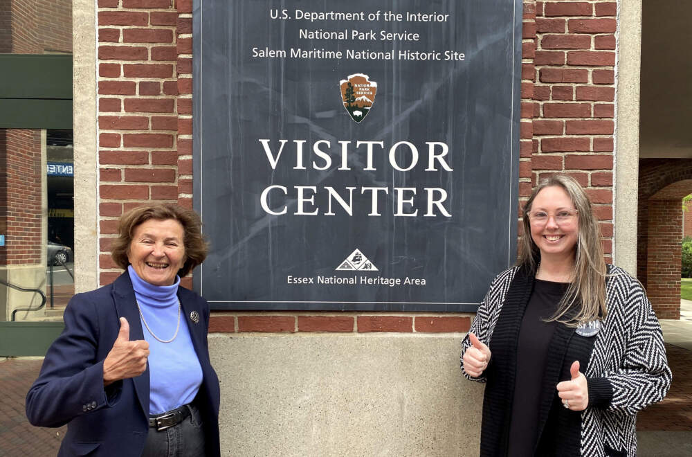 From left: Annie Harris, CEO of Essex National Heritage Commission, and Ashley Judge, executive director of Destination Salem at the visitor center. (Andrea Shea/WBUR)