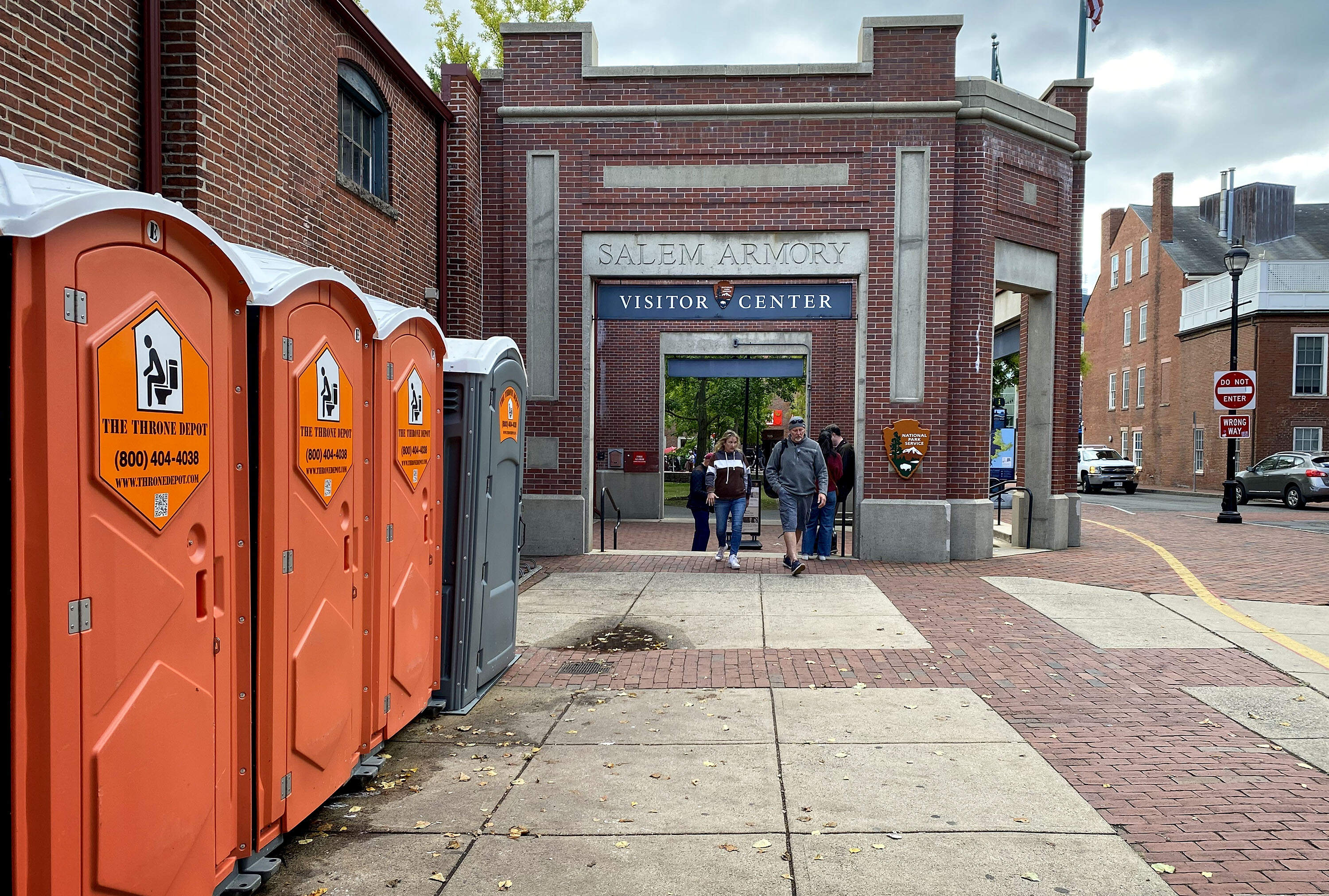 Porta-potties lined up outside the National Park Service Armory Regional Visitor Center in Salem. (Andrea Shea/WBUR)