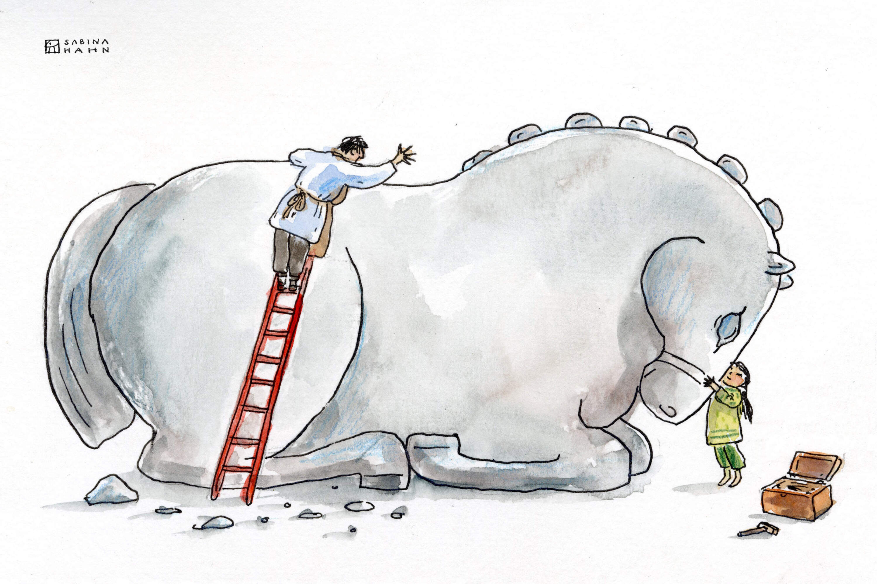 Two people and a stone horse. (Sabina Hahn for WBUR)