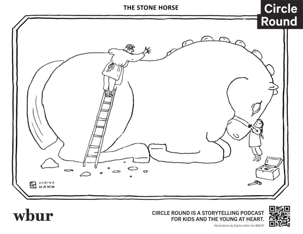 Two people and a stone horse. (Sabina Hahn for WBUR)