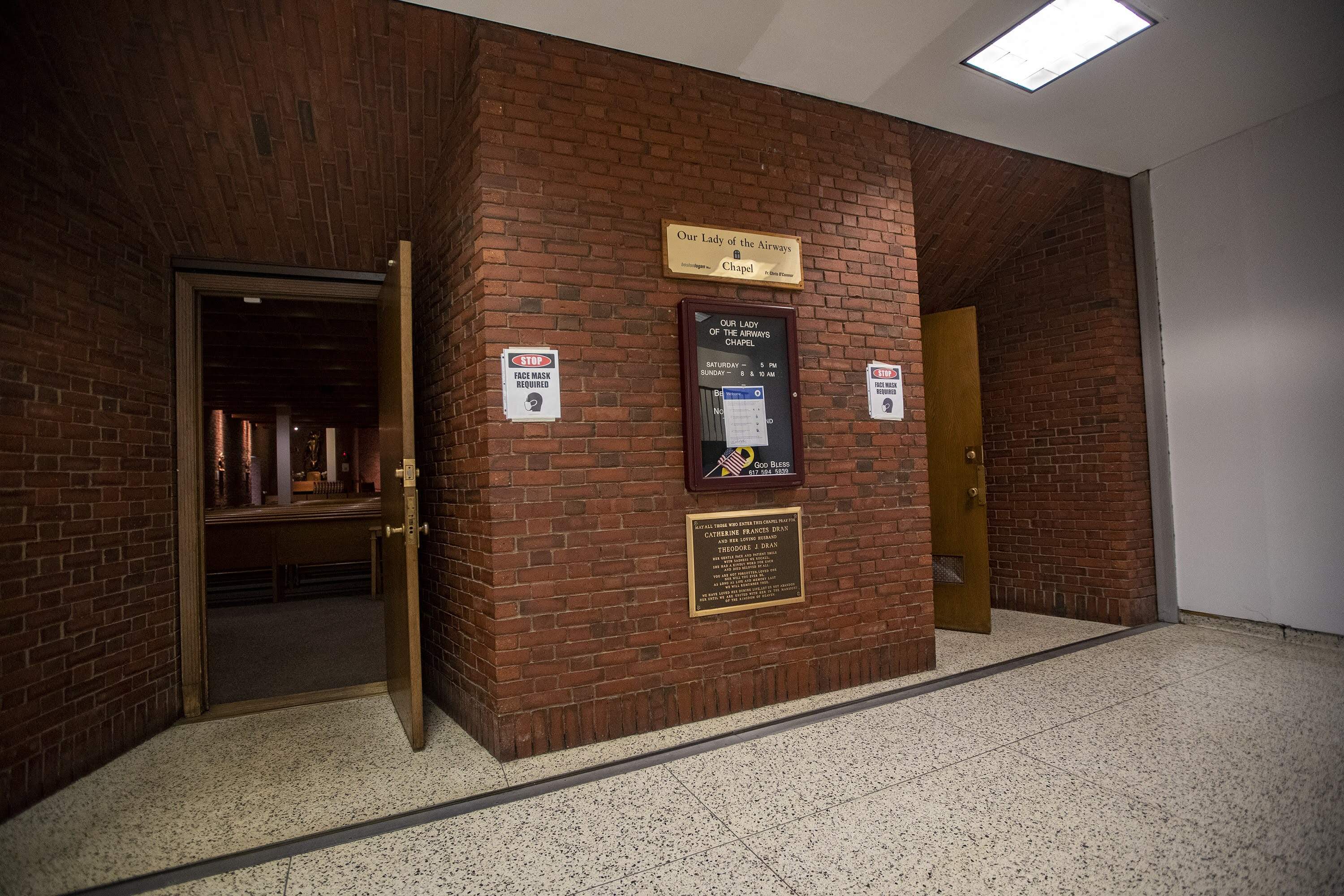 The front entrance of the Our Lady of the Airways chapel at Logan Airport in 2020. (Jesse Costa/WBUR)