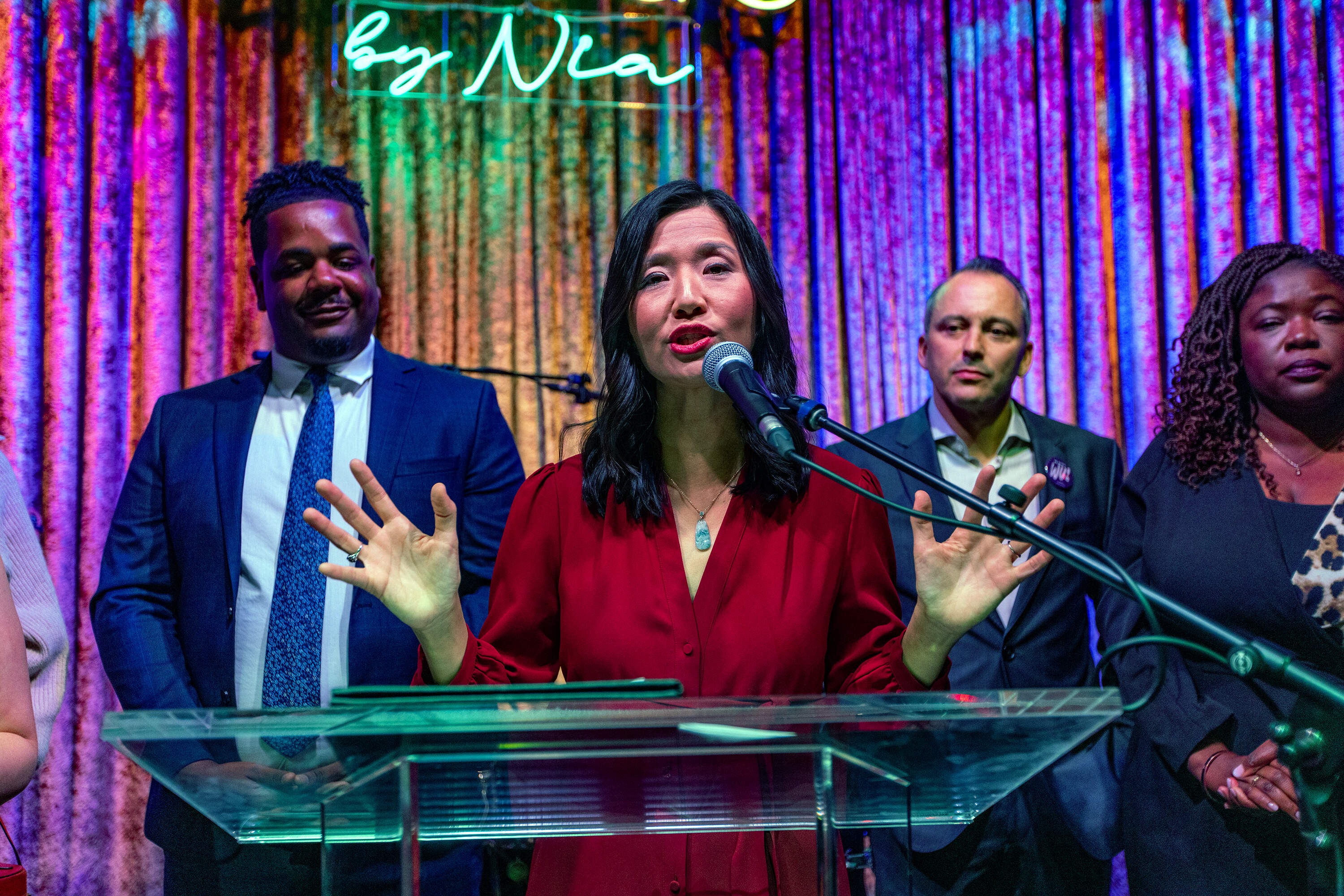 Mayor Michelle Wu speaks to supporters at her election night party at Grace by Nia in the Seaport. (Jesse Costa/WBUR)