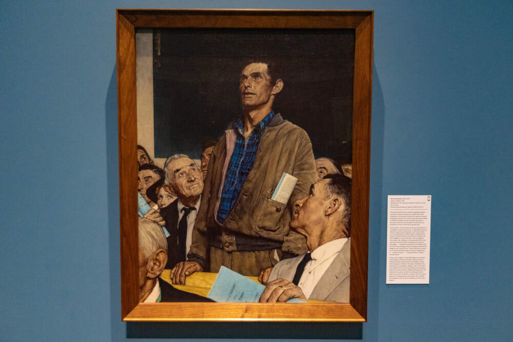 Norman Rockwell, "Freedom of Speech," 1943. Illustration for The Saturday Evening Post, March 6, 1943. Norman Rockwell Museum Collection, Norman Rockwell Art Collection Trust. ©1943 SEPS: Curtis Licensing, Indianapolis, IN. All rights reserved. (Photo by Jesse Costa/WBUR)