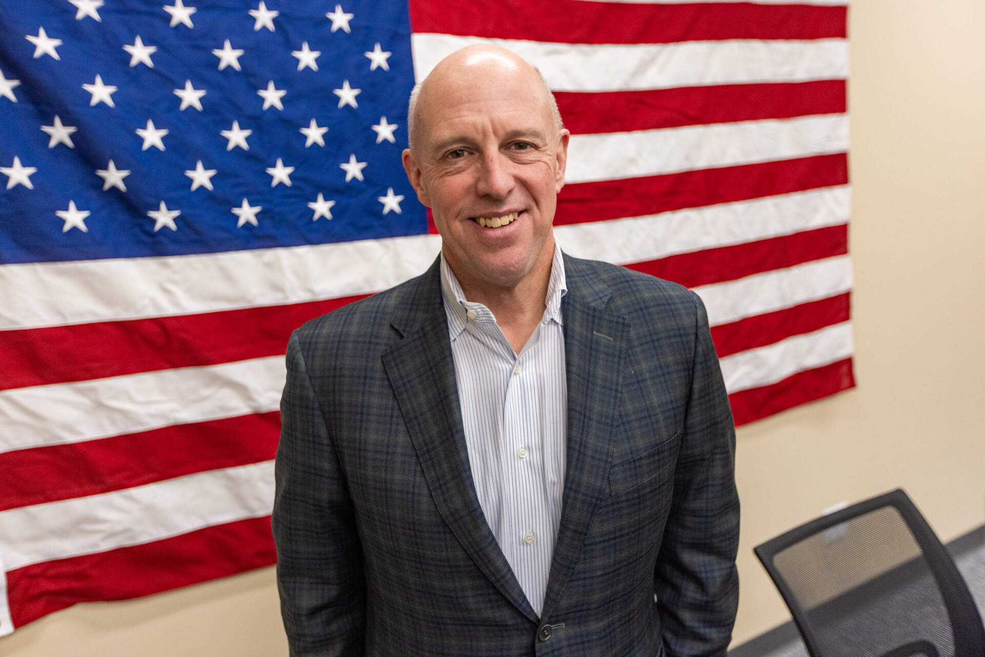 Republican Gubernatorial candidate Mike Kennealy at his office in Waltham. (Jesse Costa/WBUR)