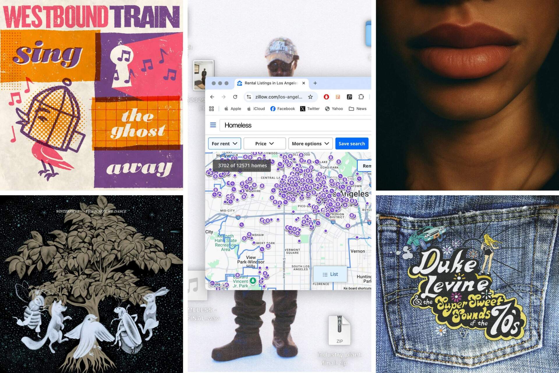 Album covers clockwise from top left: Westbound Train's "Sing the Ghost Away" (Designed by Yosef at Studio 3Y); FELIX!'s "HOMELESS" (Photo by Mack Peaced, design by FELIX!); YANINA's "We’re the Clowns" (Courtesy Karla Sandoval); Duke Levine's "Duke Levine & The Super Sweet Sounds of the ‘70s" (Cover art by Grace O'Connor, logo design by John Kehe); and Winterpills' "THIS IS HOW WE DANCE" (Illustrations by Bridey Lee, graphic design by Philip Price).