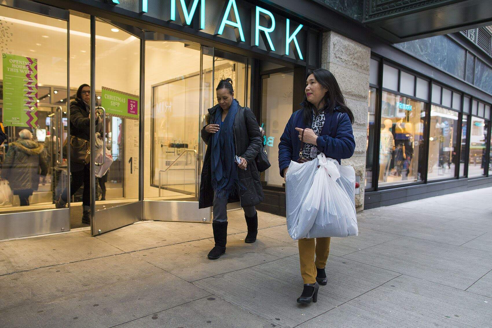 Shoppers leave Primark in Downtown Crossing. (Jesse Costa/WBUR)