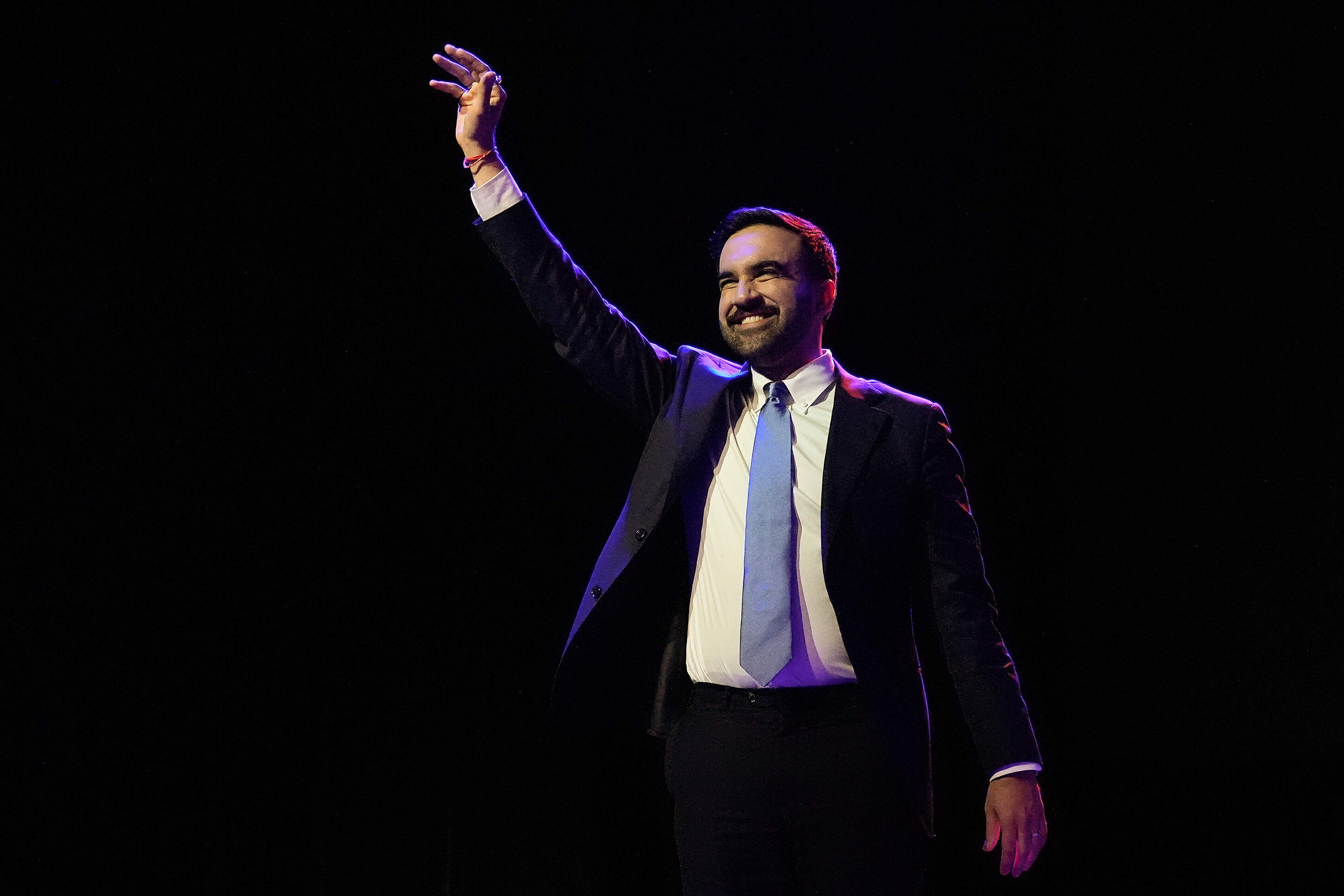 Zohran Mamdani reacts as he walks on stage to speak at a mayoral election night watch party, Tuesday, Nov. 4, 2025, in New York. (Yuki Iwamura/AP)