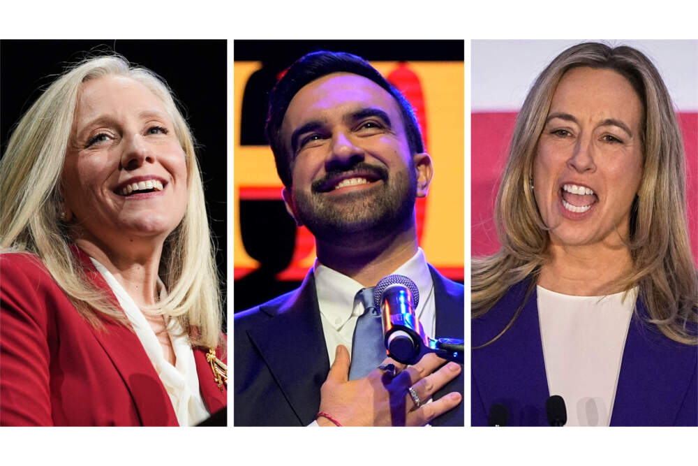 This combination of photos taken on Tuesday, Nov. 4, 2025, shows Abigail Spanberger in Richmond, Va., left, Zohran Mamdani in New York, center, and Mikie Sherrill in East Brunswick, N.J. (tephanie Scarbrough, Yuki Iwamura and Matt Rourke/AP)