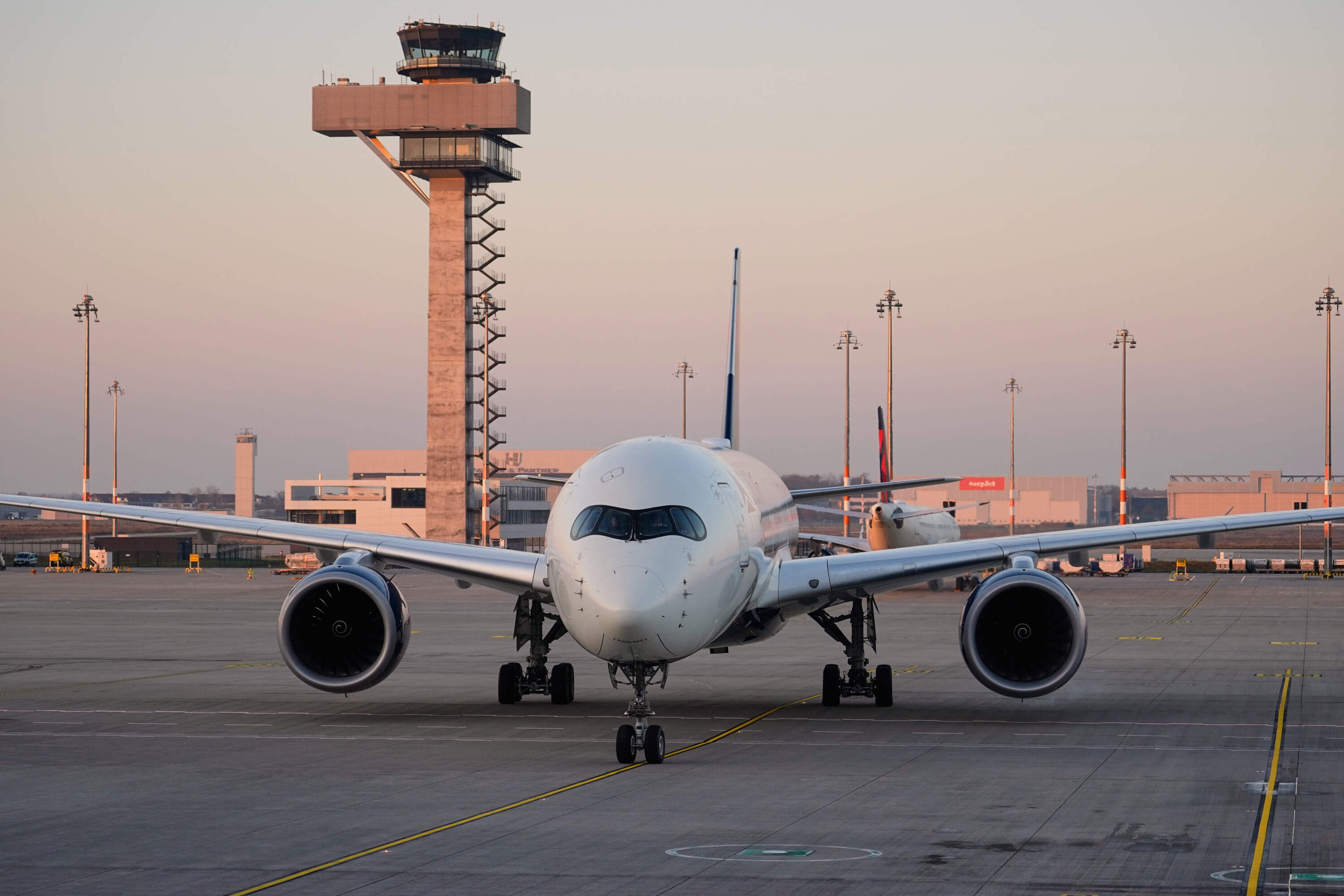 The airplane of the Falcons football team arrives from Atlanta at the airport in Berlin, Germany, Friday, Nov. 7, 2025, ahead of the upcoming game between the Indianapolis Colts and the Atlanta Falcons. (Martin Meissner/AP)