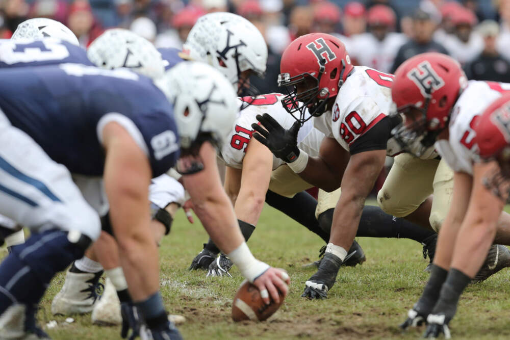 Harvard lines up against against Yale during an NCAA college football game on Saturday, Nov. 18, 2017, in New Haven, Conn. (Gregory Payan/AP)
