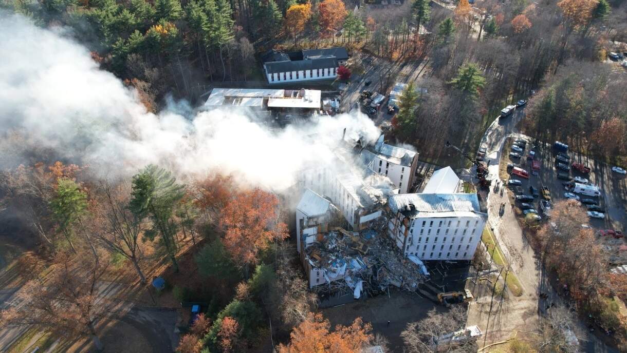 The aftermath of a three-alarm fire at Olympia Drive Apartment Complex in Amherst, Mass. More than 200 people have been displaced due to the fire. (Courtesy of David Sady via NEPM)