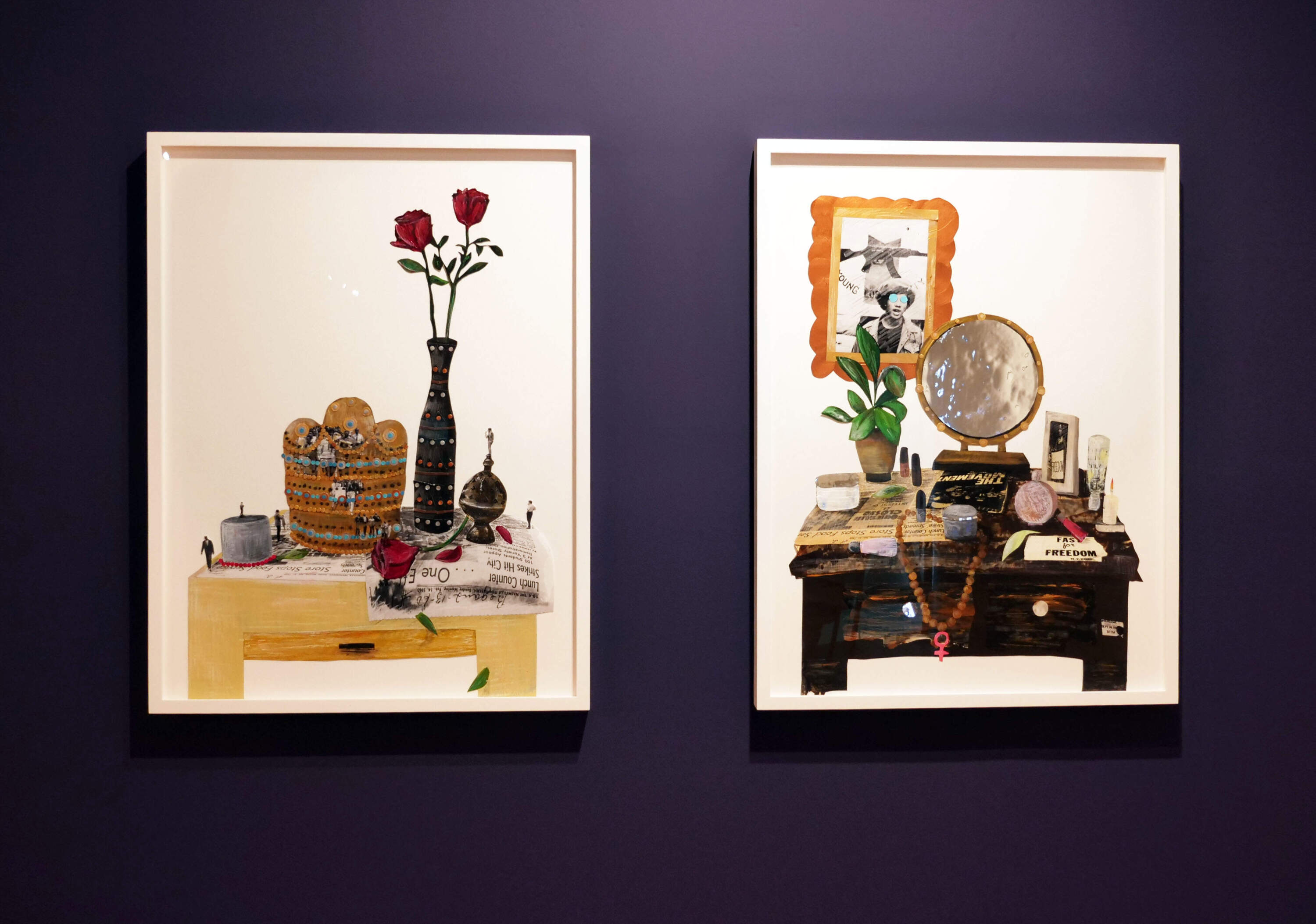 Installation view of Helina Metaferia's collages. (Image courtesy Project for Empty Space, artwork courtesy the artist, Praise Shadows Art Gallery)