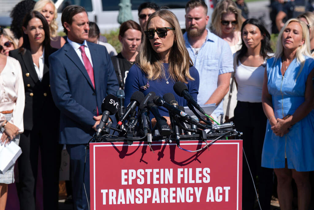 Annie Farmer speaks during a news conference at the U.S. Capitol, Wednesday, Sept. 3, 2025, in Washington. (AP Photo/Jose Luis Magana)