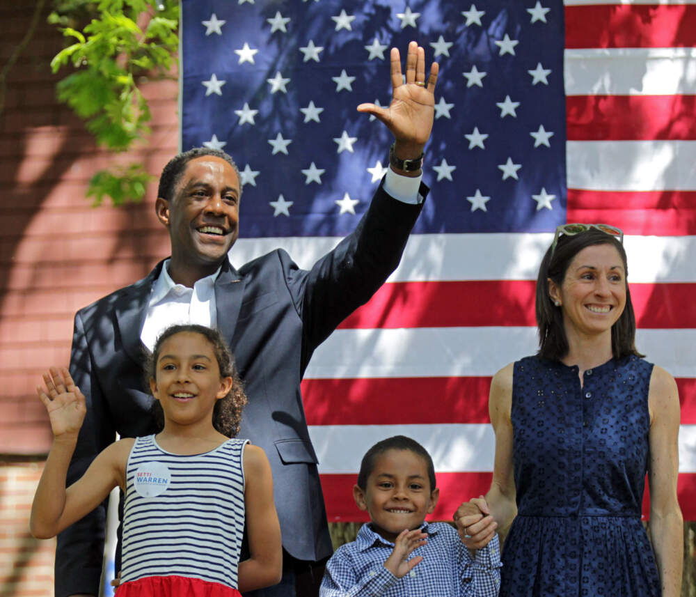 Newton Mayor Setti Warren steps onto the stage with his wife, Tassy Warren, and their two children, Abigail and John, to announce that he is running for Governor of Massachusetts, May 20, 2017. (Photo by John Wilcox/MediaNews Group/Boston Herald via Getty Images)