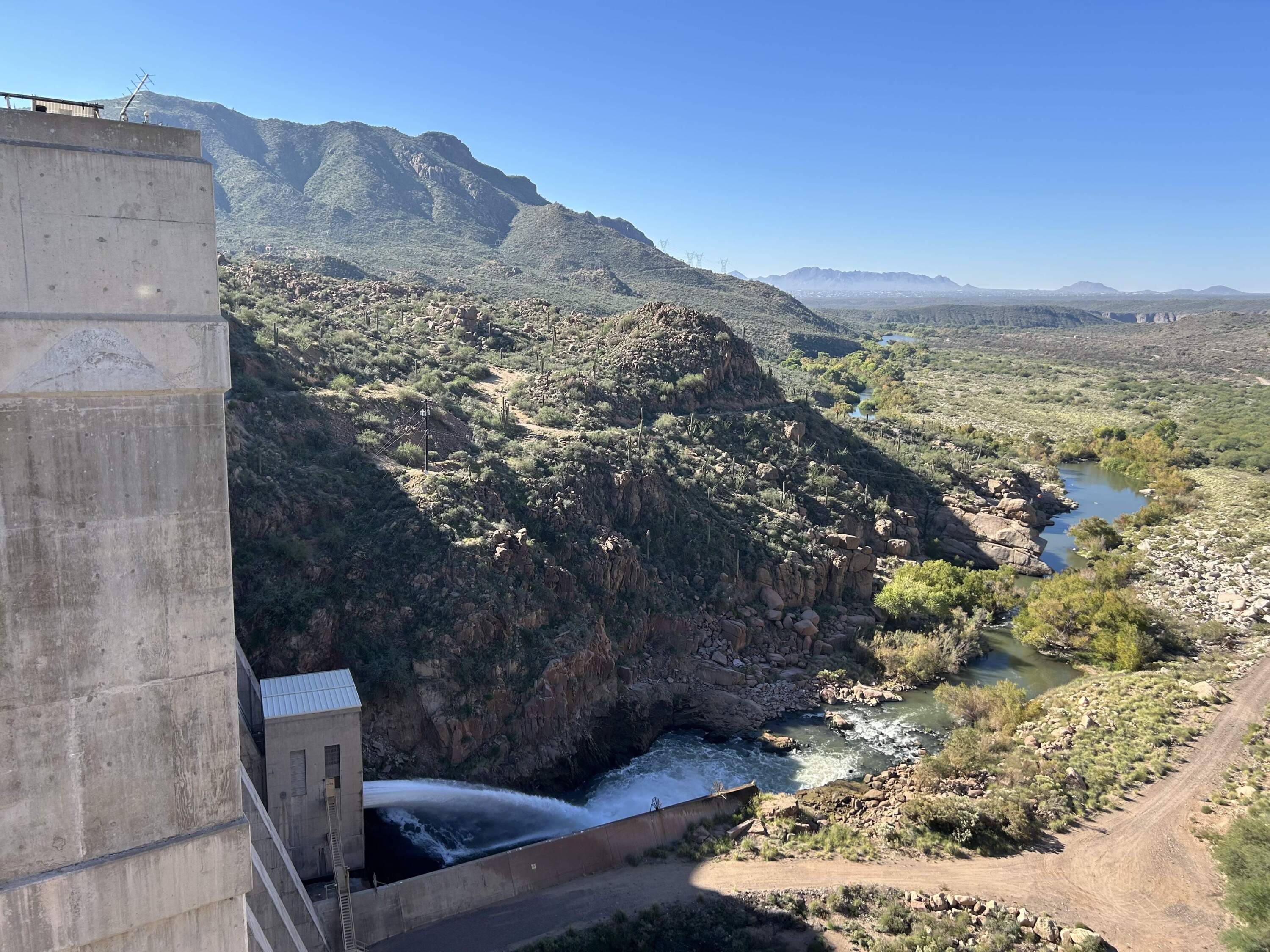 On a recent day, 1,100 gallons of water gushed from the base of the dam per second. (Peter O'Dowd/Here &amp; Now)