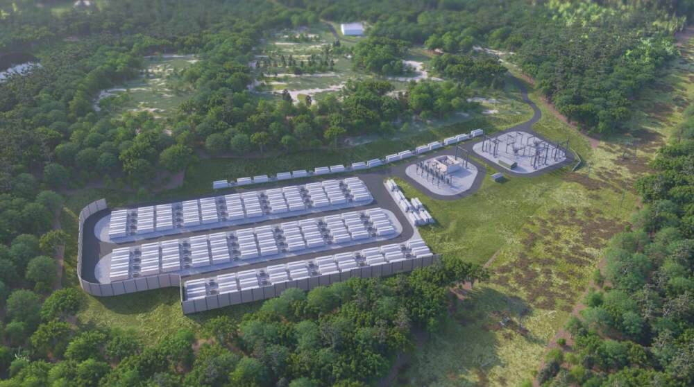 A rendering of the battery energy storage system that Rhynland Energy is proposing to build on the site of a former auto junkyard in Oakham (Courtesy of Rhynland Energy)