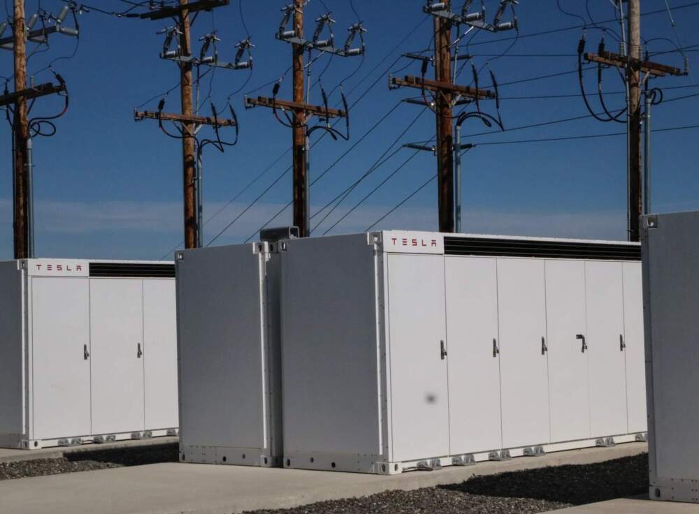 A Tesla Megapack battery energy storage system in East Millinocket, Maine (Murray Carpenter/ Maine Public)