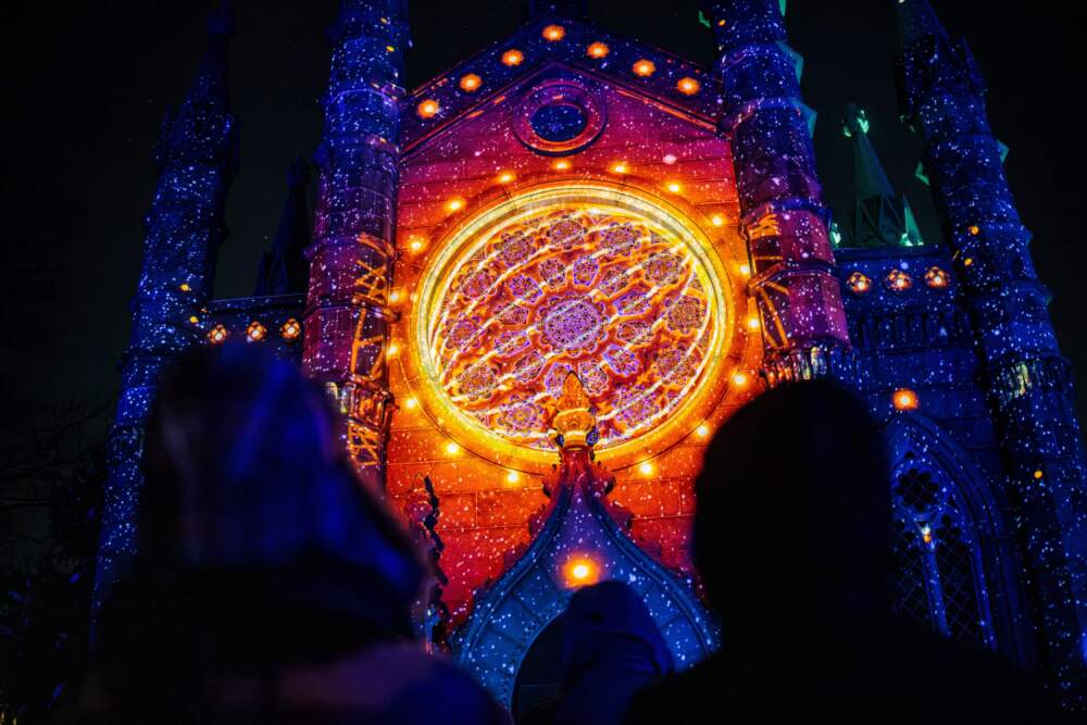 One of MASARY's projections on Bigelow Chapel at Mount Auburn Cemetery during "SOLSTICE." (Courtesy Aram Boghosian)
