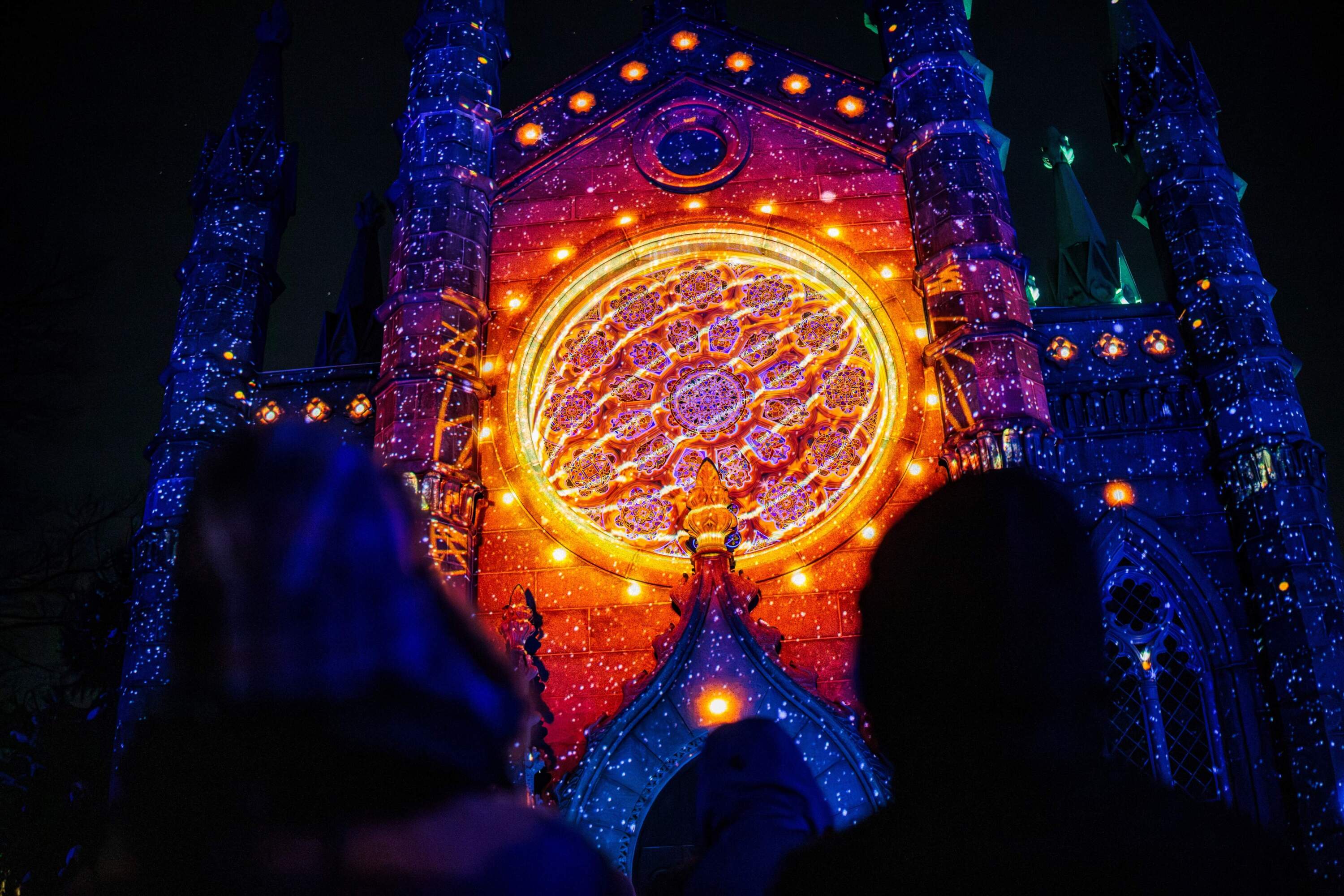 One of MASARY's projections on Bigelow Chapel at Mount Auburn Cemetery during "SOLSTICE." (Courtesy Aram Boghosian)