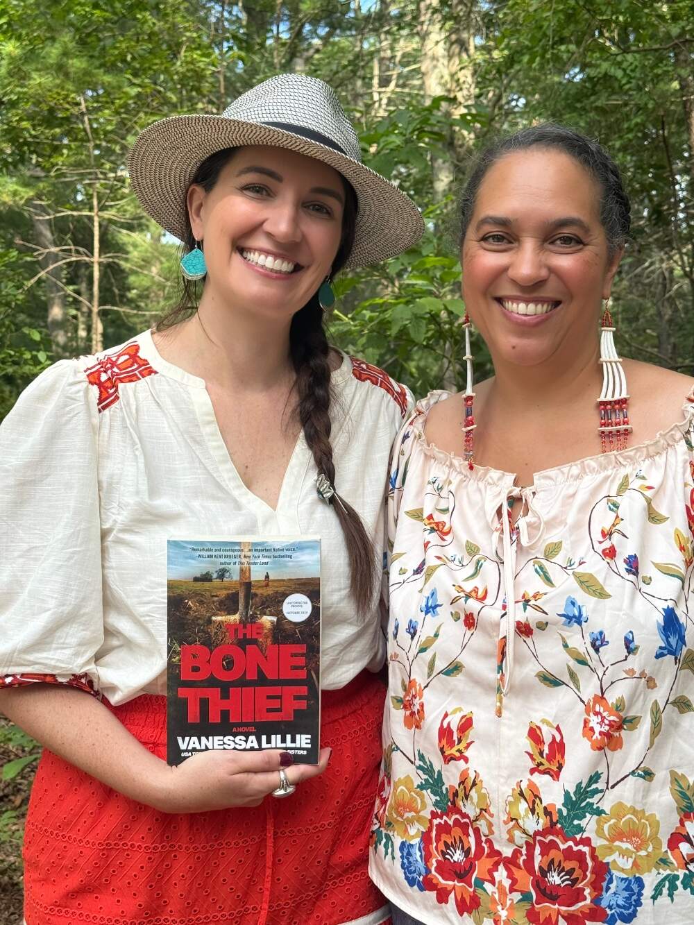 The author with Lorén Spears, executive director of the Tomaquag Museum, at the 350th August meeting and pow wow, in Charlestown, RI, 2025. (Courtesy Vanessa Lillie)