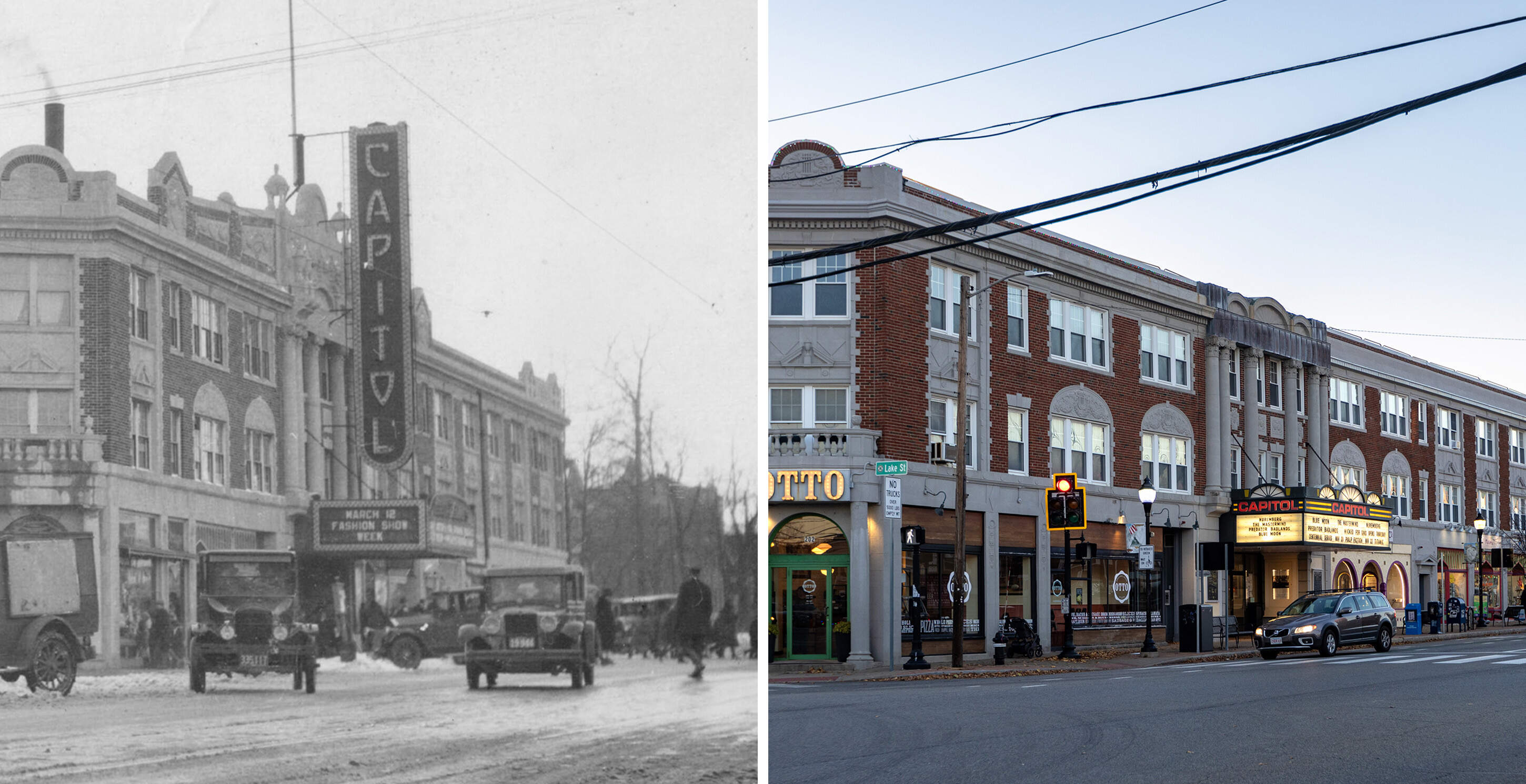 Left: An exterior photo of the Capitol Theatre in the the mid-1920s (Courtesy CSB Theatres). Right: An exterior photo of the Capitol Theatre in November 2025. (Jesse Costa/WBUR)