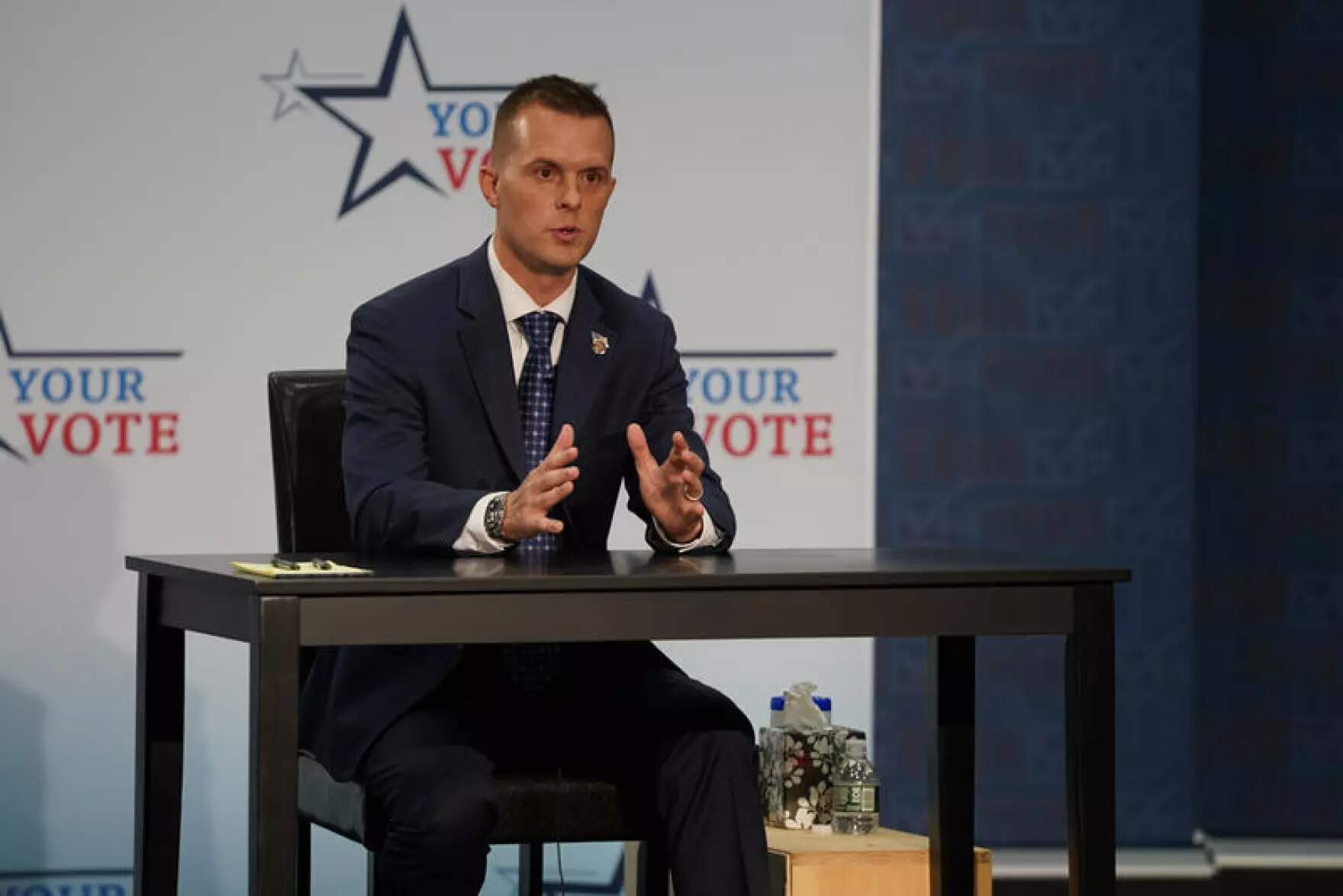 Jared Golden at an October 2020 debate hosted by Maine Public. (Kris Bridges/Maine Public)