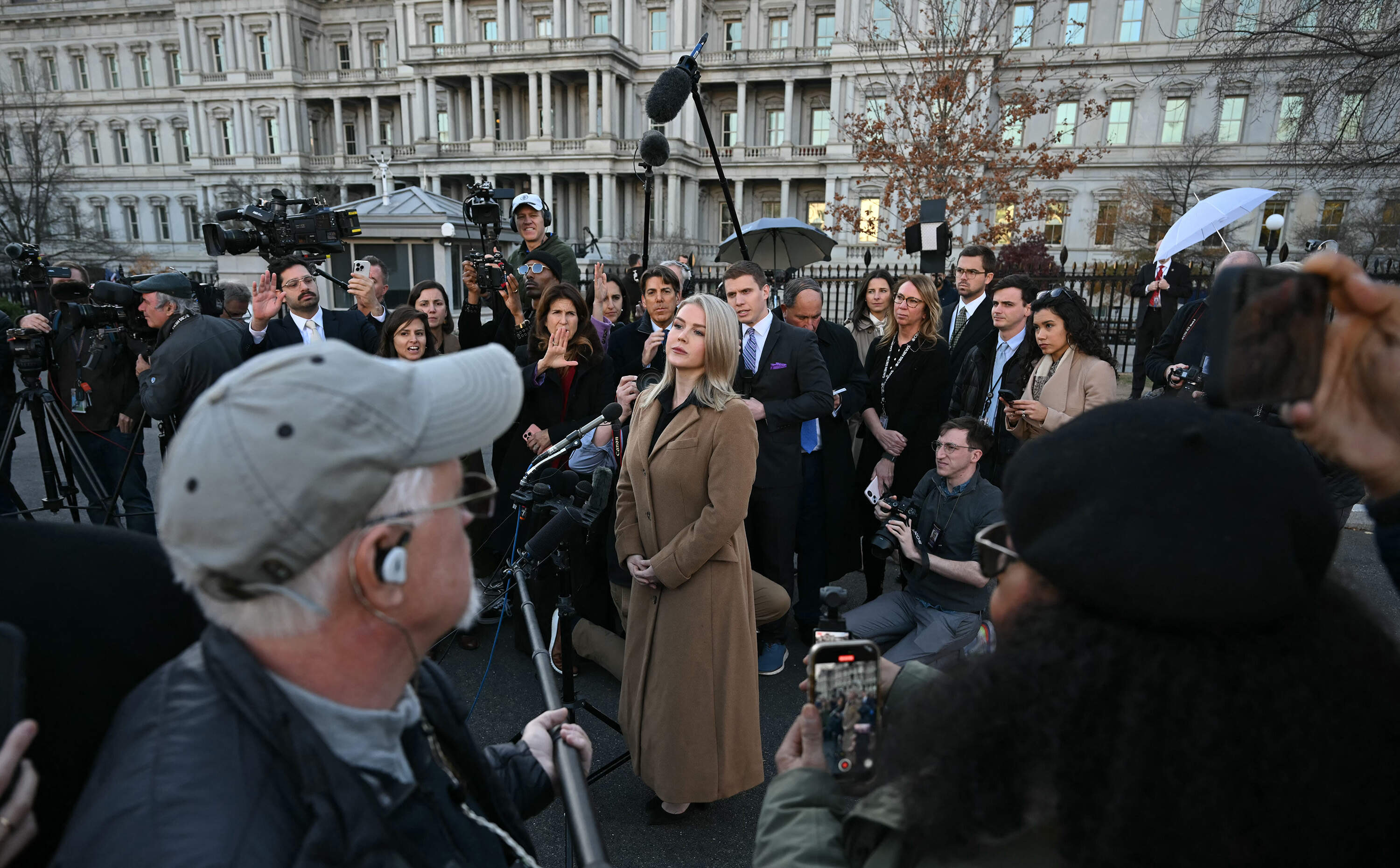 White House Press Secretary Karoline Leavitt speaks to journalists outside the West Wing of the White House in Washington, DC, on Nov. 24. (Andrew Caballero-Reynolds/AFP via Getty Images)
