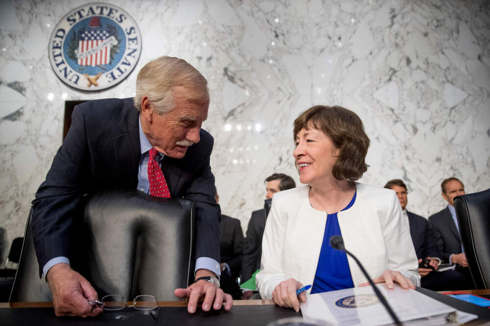 Sen. Angus King, I-Maine, left, speaks with Sen. Susan Collins, R-Maine, right, before a Senate Intelligence Committee hearing in 2018. (Andrew Harnik/AP File)